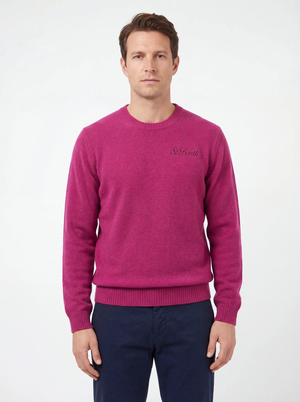 Maglione da dietro su sfondo neutro girocollo peonia Saint Barth Regentstrech in alpaca stretch