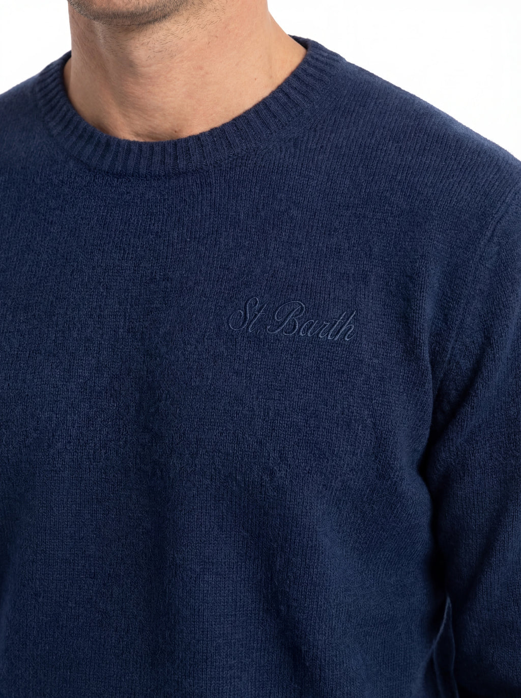 Maglione da dietro su sfondo neutro girocollo blu Saint Barth Regentstrech in alpaca stretch