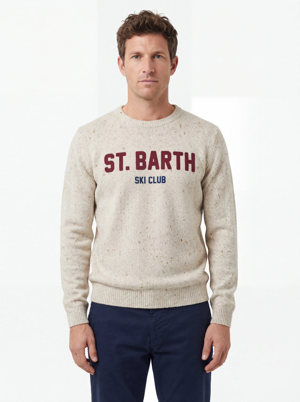 Maglione frontale su sfondo neutro girocollo patch Saint Barth Heron in lana mix