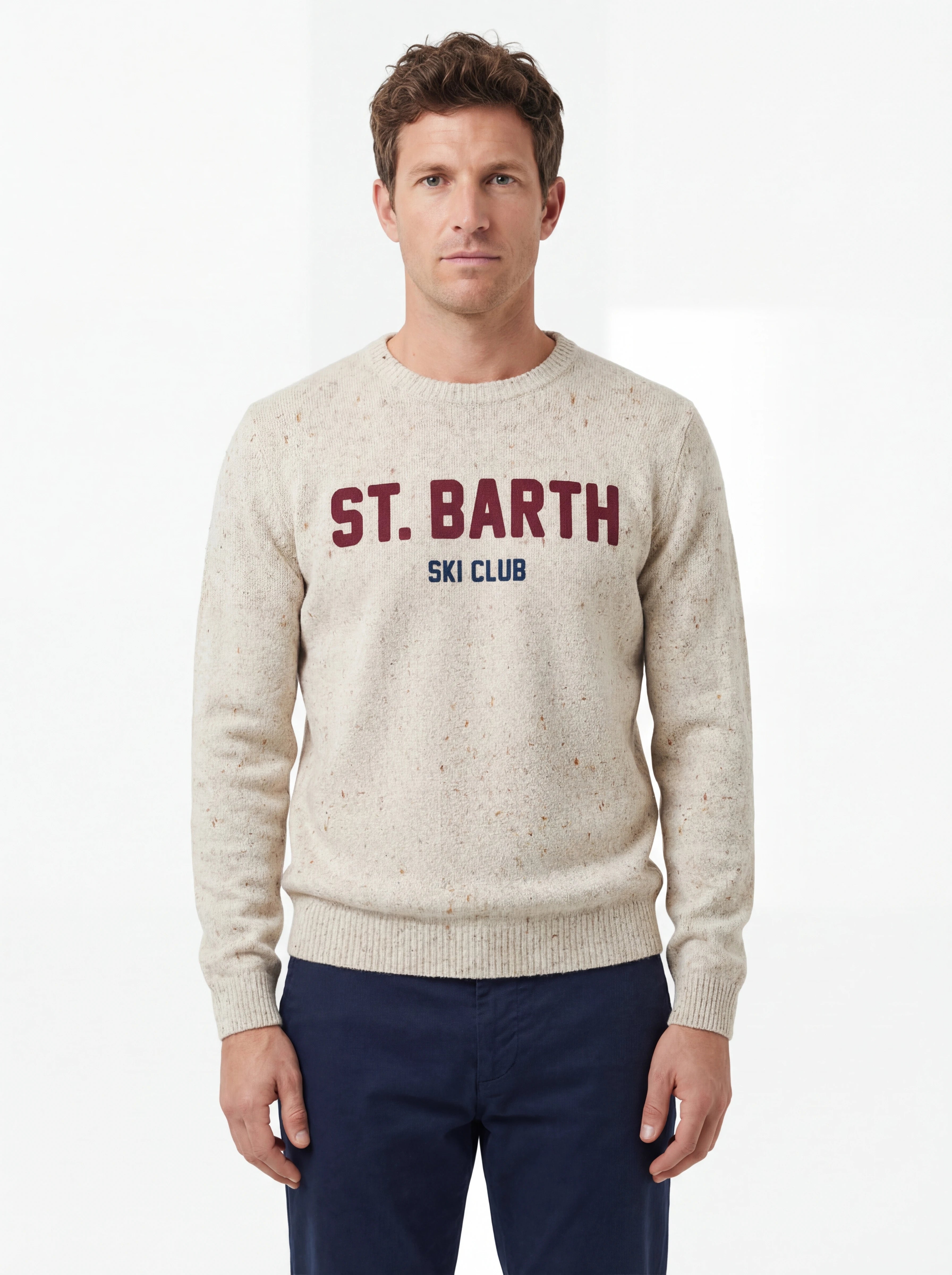 Maglione frontale su sfondo neutro girocollo patch Saint Barth Heron in lana mix