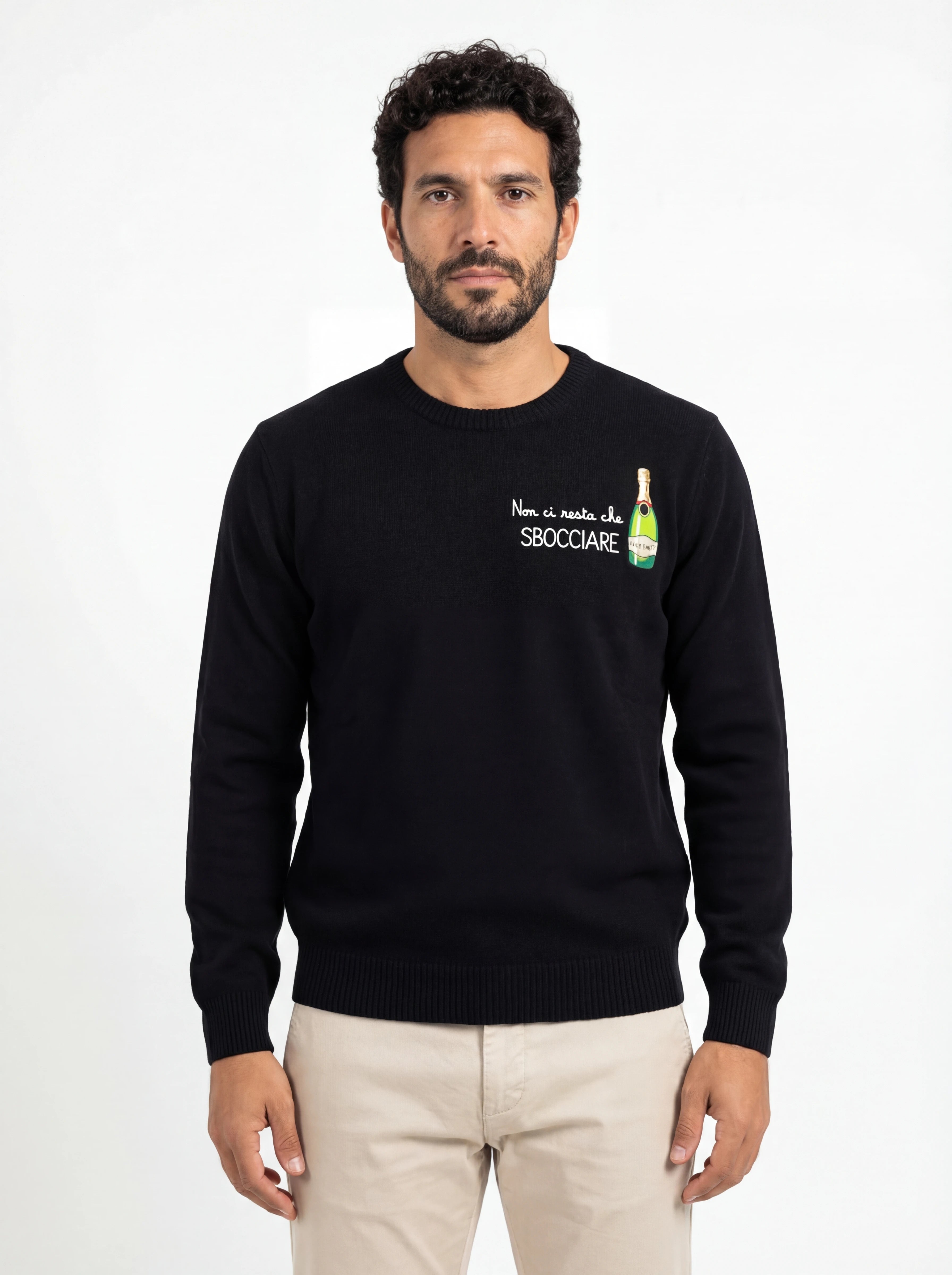 Maglione frontale su sfondo neutro girocollo scritta restasbocciare nero Saint Barth Heronlight in lana