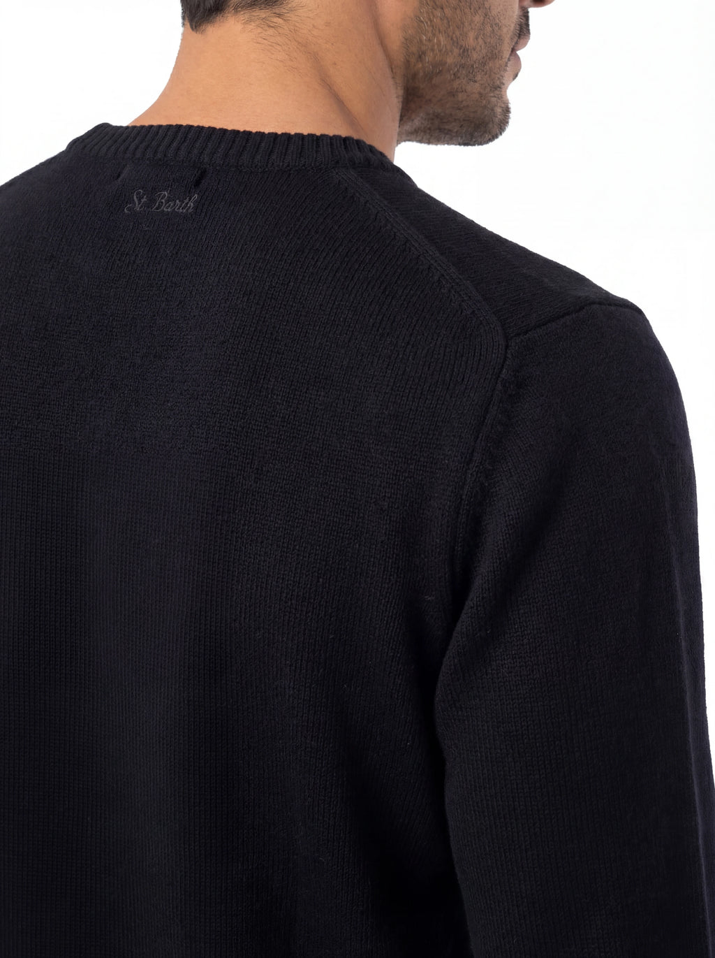 Maglione da dietro su sfondo neutro girocollo scritta bollicineplease nero Saint Barth Heron in lana