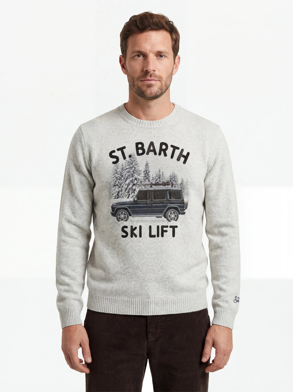 Maglione da dietro su sfondo neutro girocollo scritta sbskilift bianco Saint Barth Heron in lana