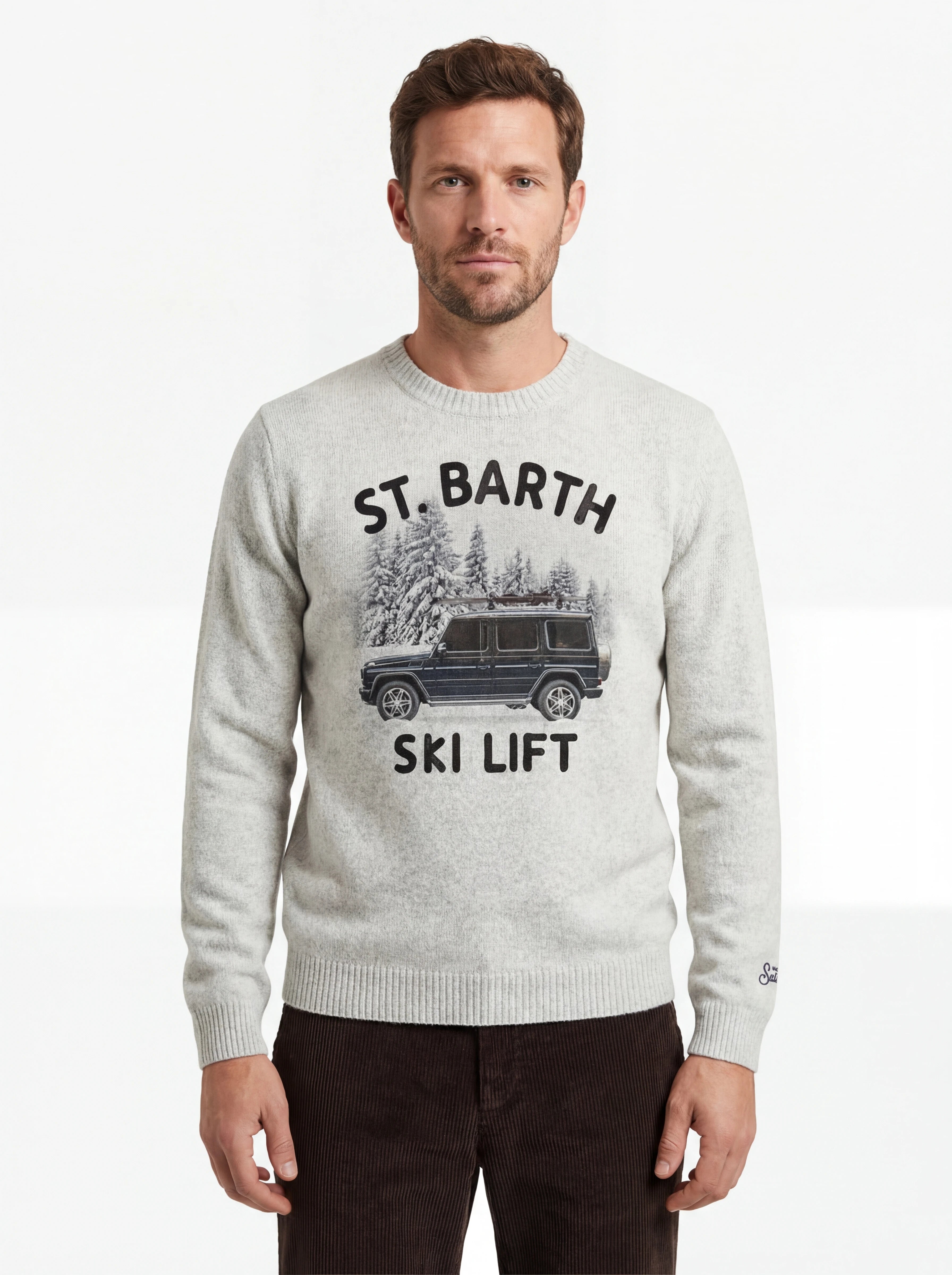 Maglione da dietro su sfondo neutro girocollo scritta sbskilift bianco Saint Barth Heron in lana