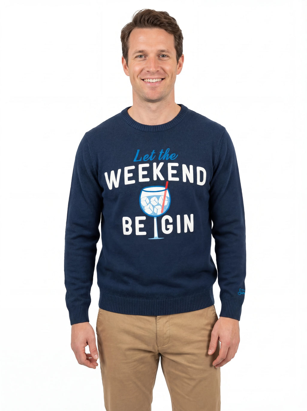 Modello visto da dietro maglione girocollo scritta weekendbe gin blu Saint Barth Heron in lana