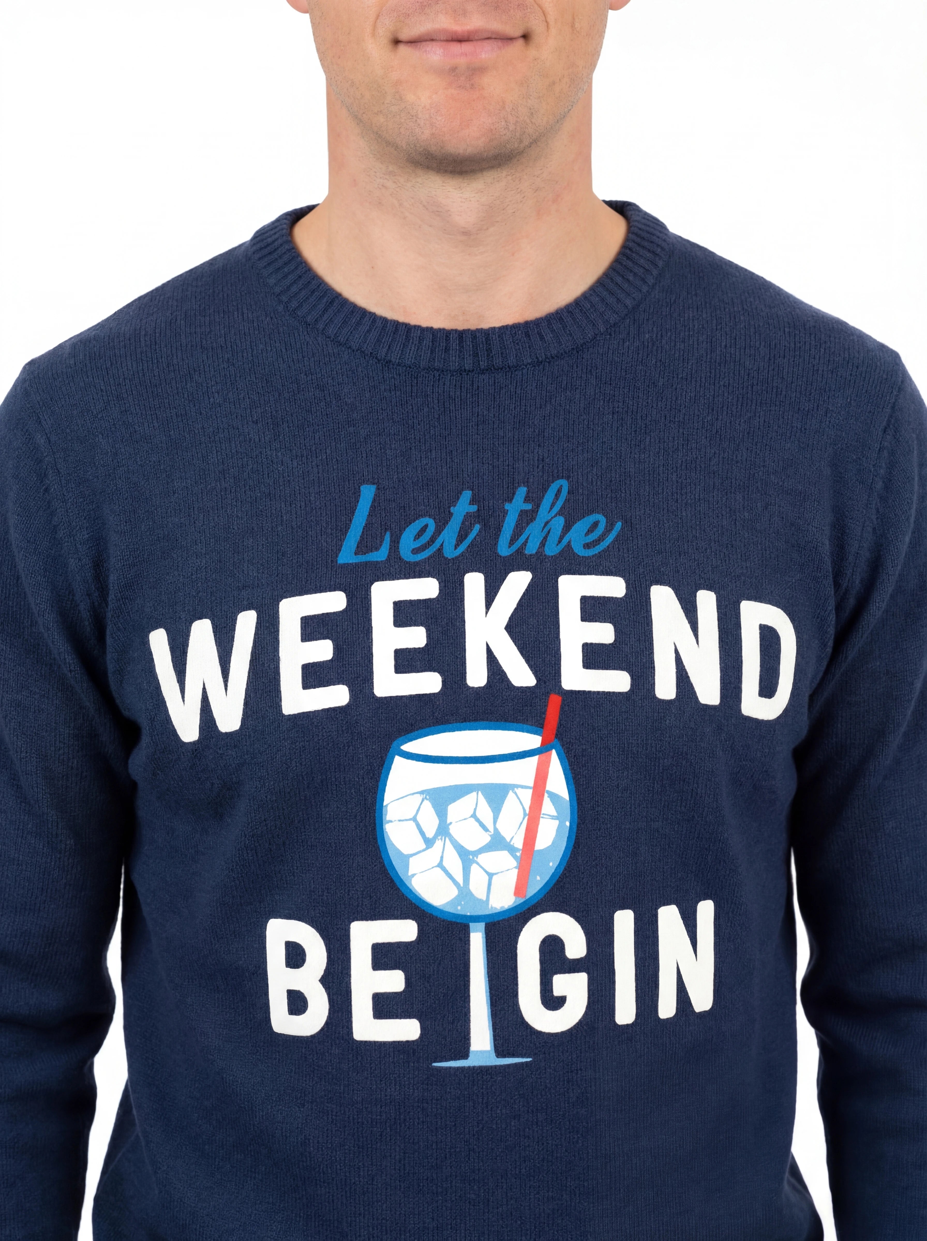 Maglione da dietro su sfondo neutro girocollo scritta weekendbe gin blu Saint Barth Heron in lana