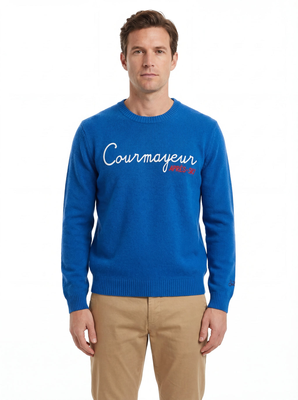 Dettaglio ravvicinato girocollo scritta courmaapres bluette Saint Barth Heron in lana