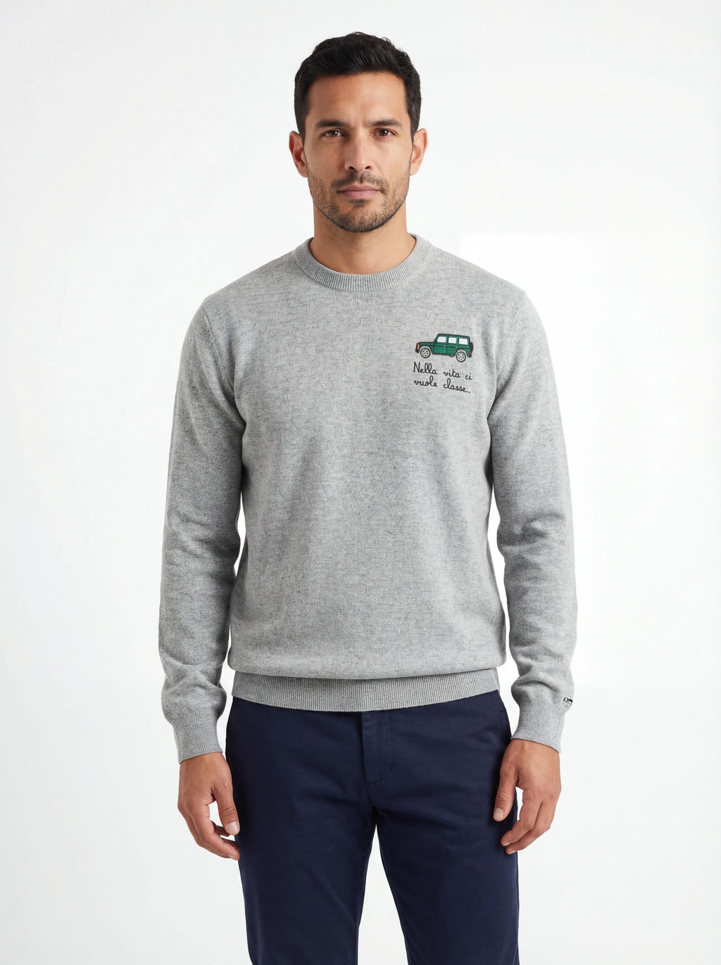 Maglia frontale su sfondo neutro girocollo scritta vitaclasse grigio chiar Saint Barth Heron in lana