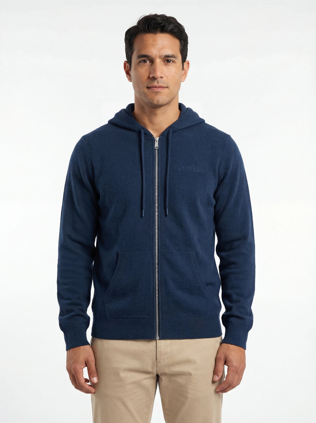 Maglione frontale su sfondo neutro cappuccio zip blu Saint Barth Notting in lana di agnello