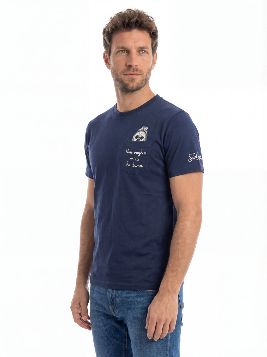 Vista da dietro t-shirt blu scritta “Non voglio mica la lun” Saint Barth cotone