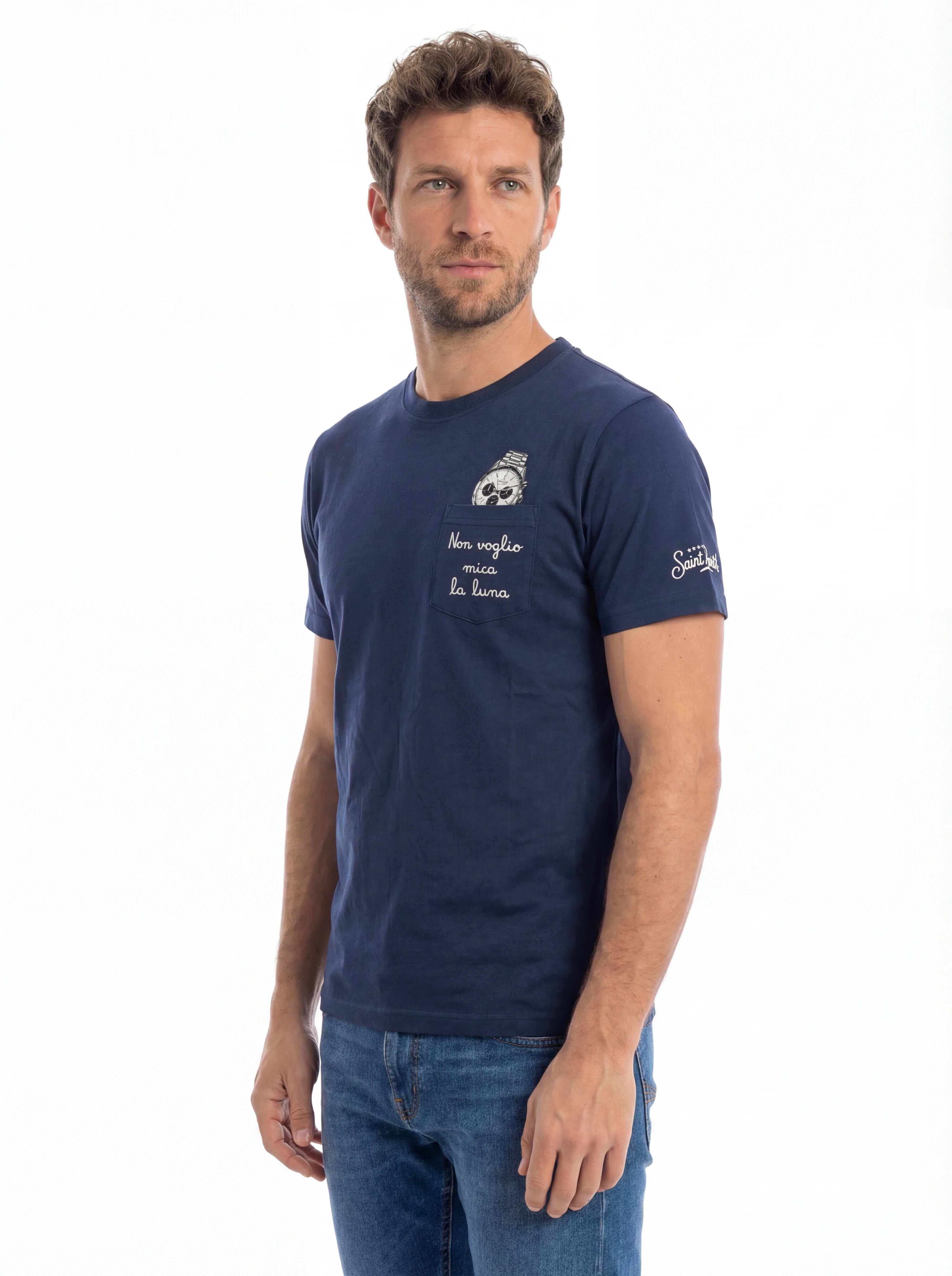 Vista da dietro t-shirt blu scritta “Non voglio mica la lun” Saint Barth cotone