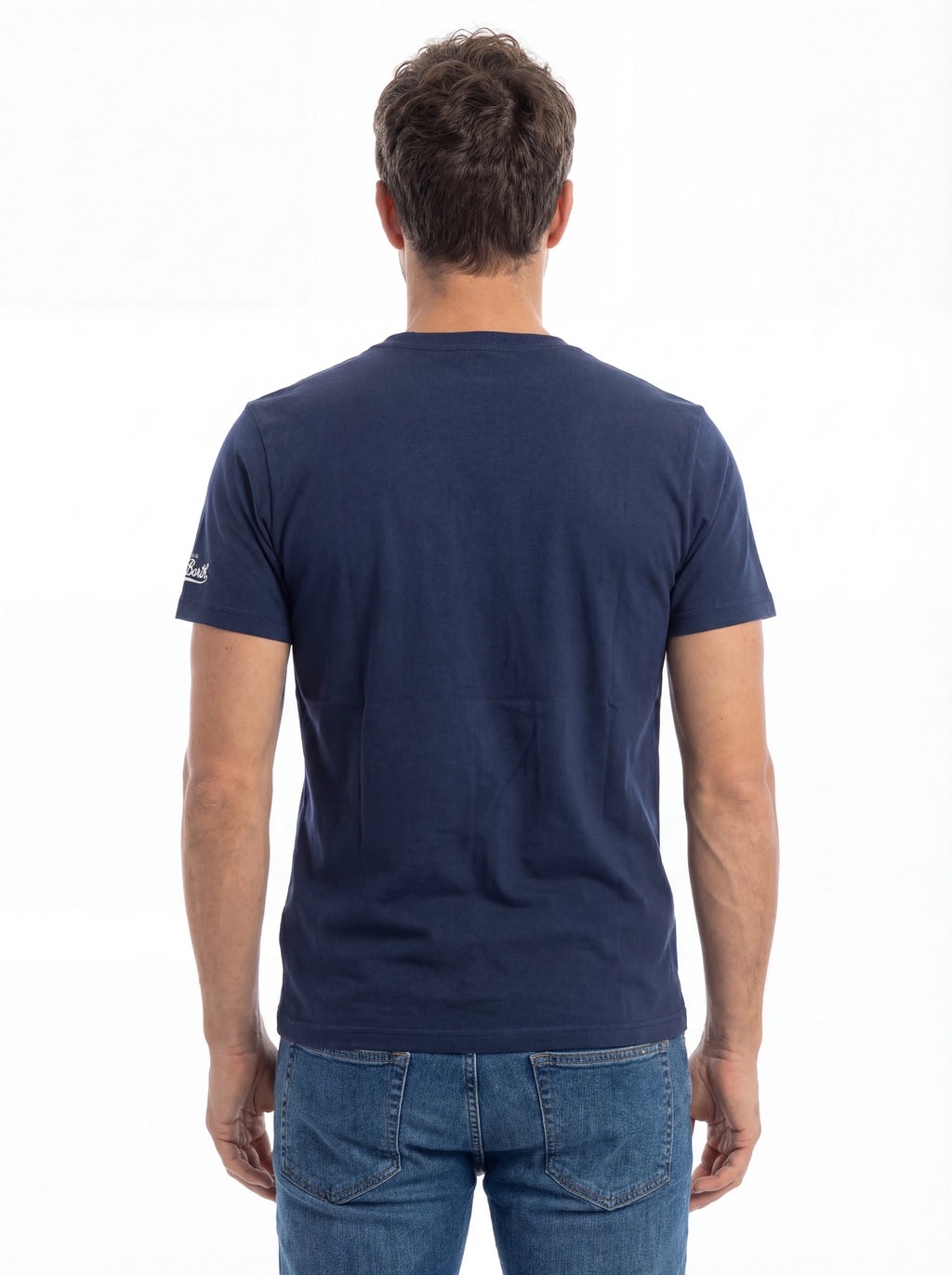 Modello a 45 gradi t-shirt blu scritta “Non voglio mica la lun” Saint Barth cotone