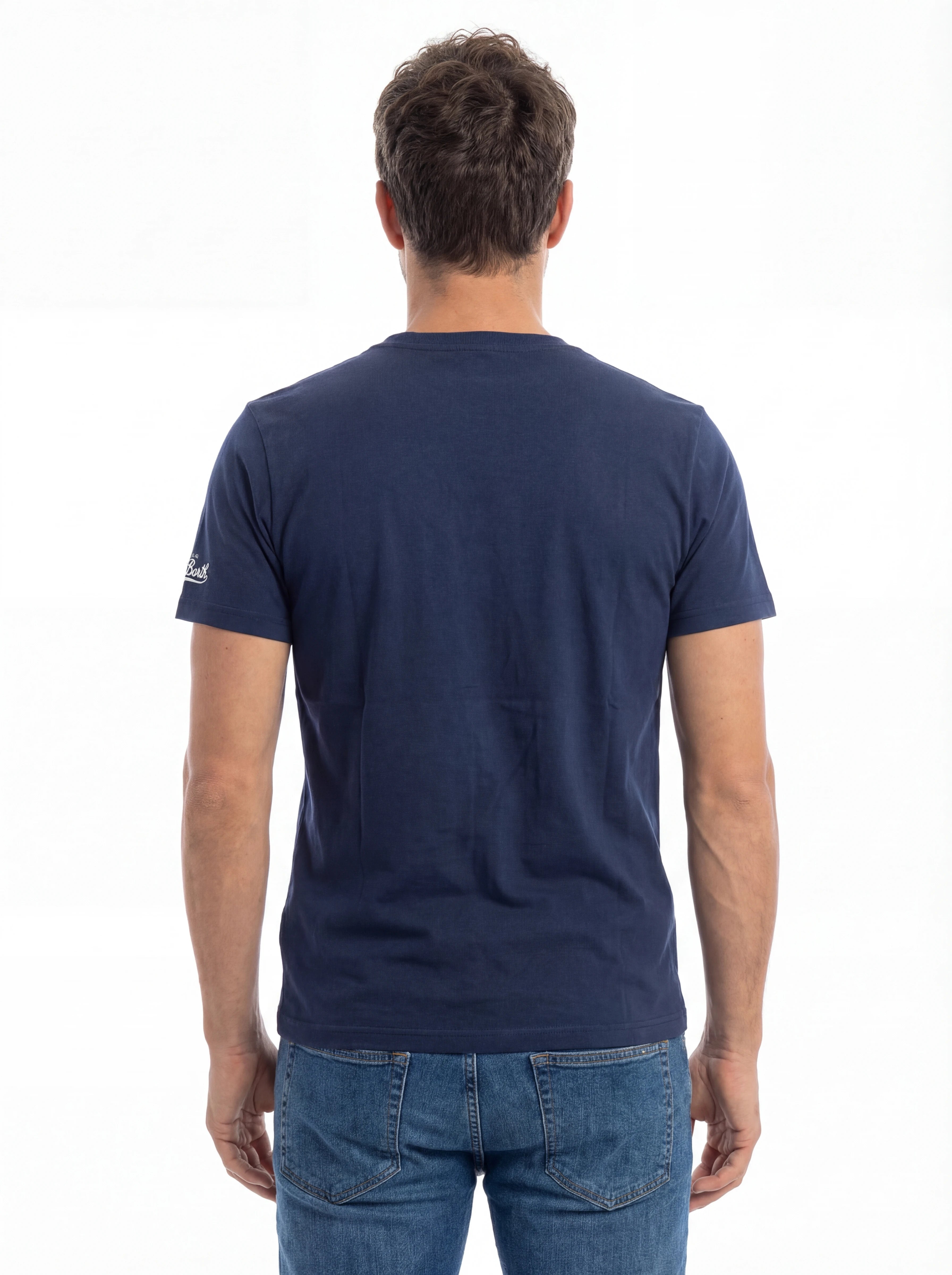 Modello a 45 gradi t-shirt blu scritta “Non voglio mica la lun” Saint Barth cotone