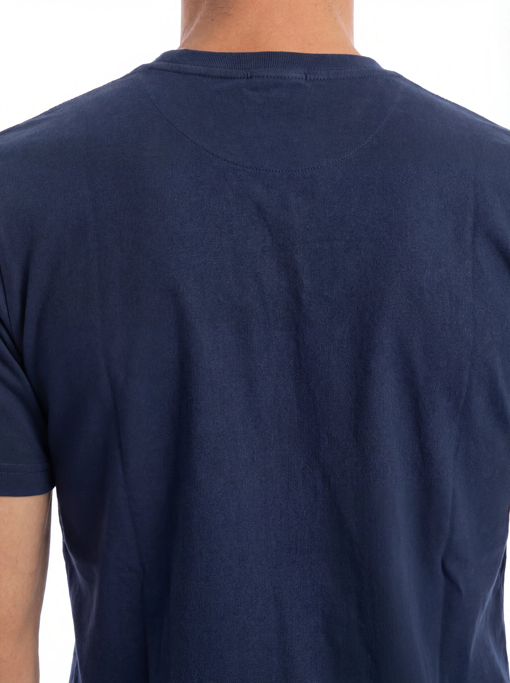 T-shirt su sfondo neutro da dietro t-shirt blu scritta “Non voglio mica la lun” Saint Barth cotone