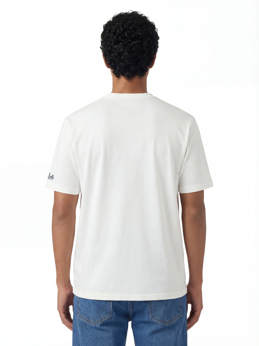 Modello a 45 gradi t-shirt bianco scritta “Nella Vita.. Ci vuole” Saint Barth cotone