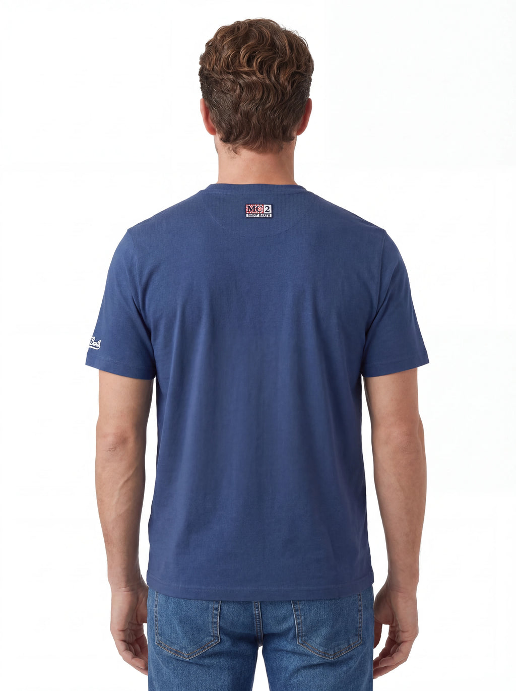 Modello a 45 gradi t-shirt blu scritta “GRAND SLAM” Saint Barth cotone