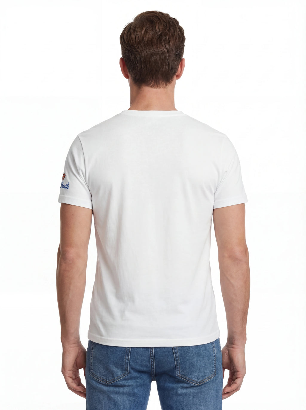 Modello a 45 gradi t-shirt bianco scritta “Surfing in Saint Barth” Saint Barth cotone