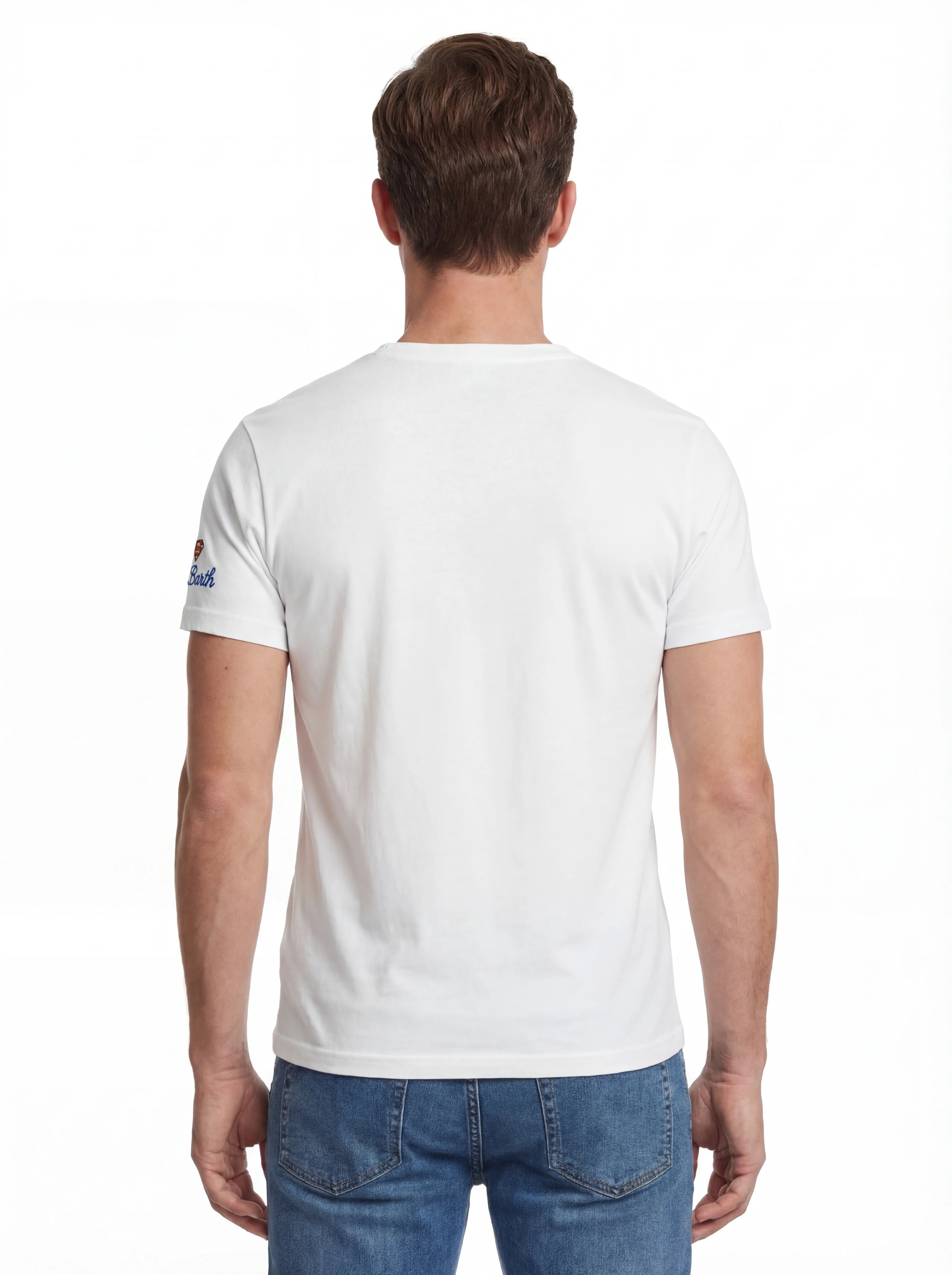 Modello a 45 gradi t-shirt bianco scritta “Surfing in Saint Barth” Saint Barth cotone