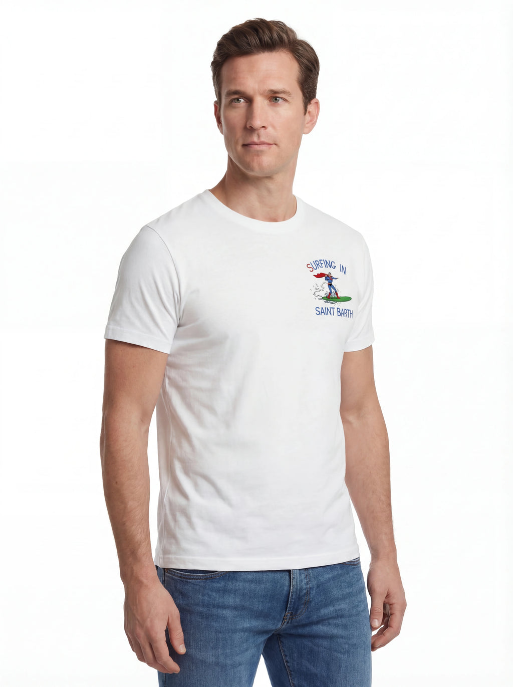 Vista da dietro t-shirt bianco scritta “Surfing in Saint Barth” Saint Barth cotone