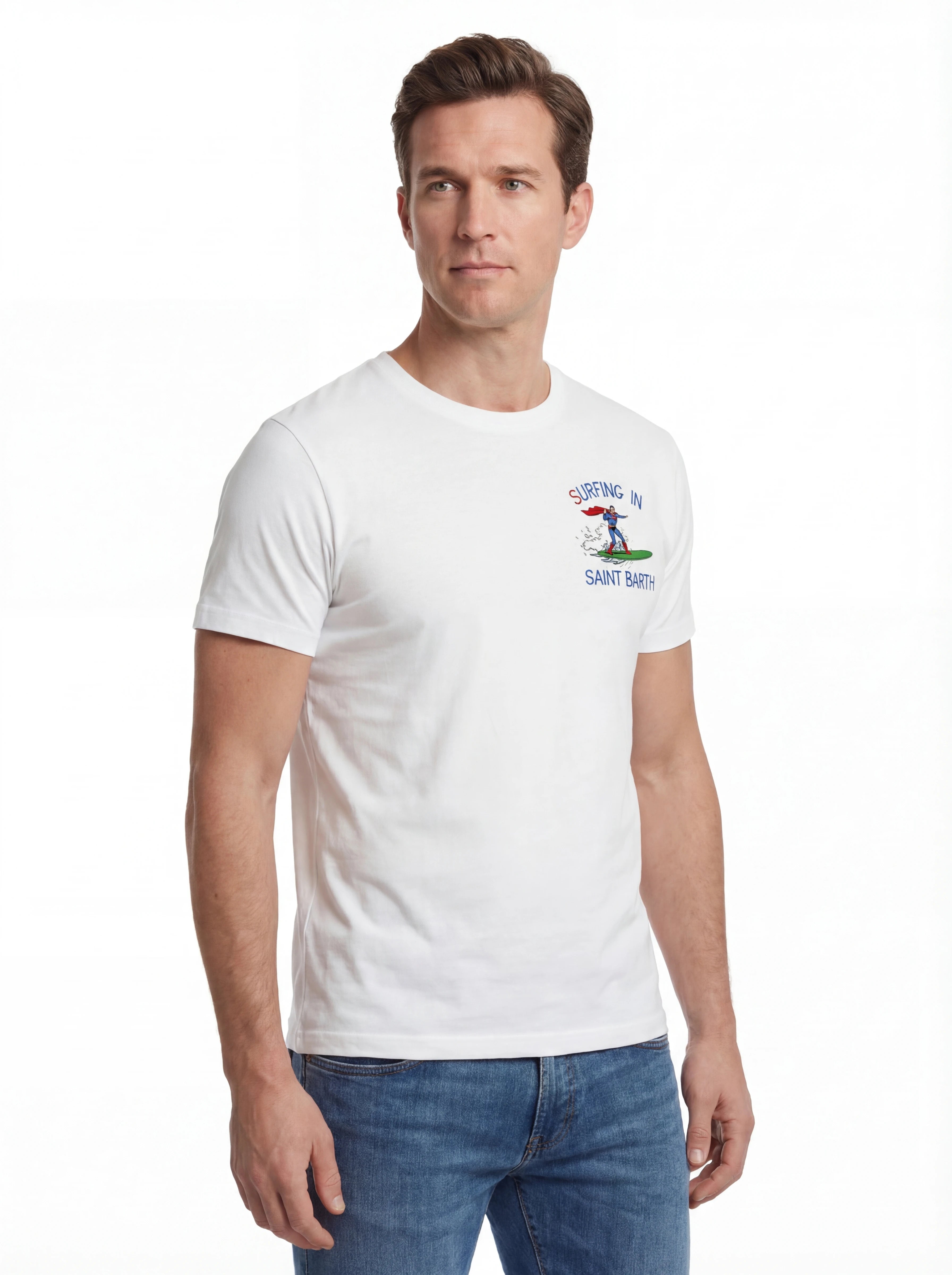 Vista da dietro t-shirt bianco scritta “Surfing in Saint Barth” Saint Barth cotone