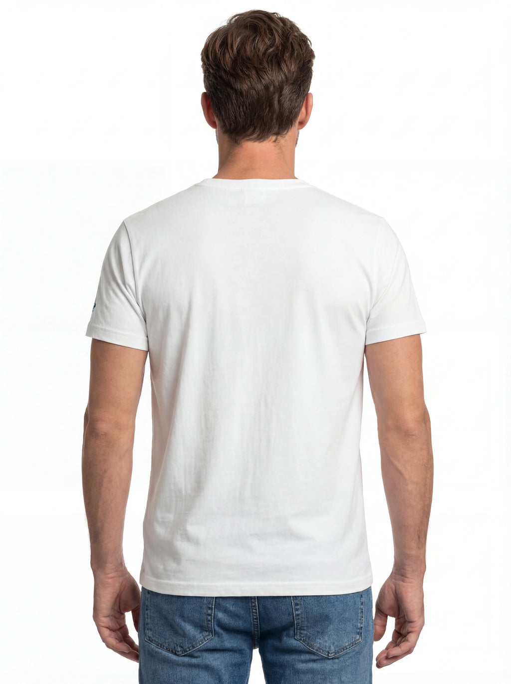 Modello a 45 gradi t-shirt bianco scritta “NEED MONEY FOR” Saint Barth cotone