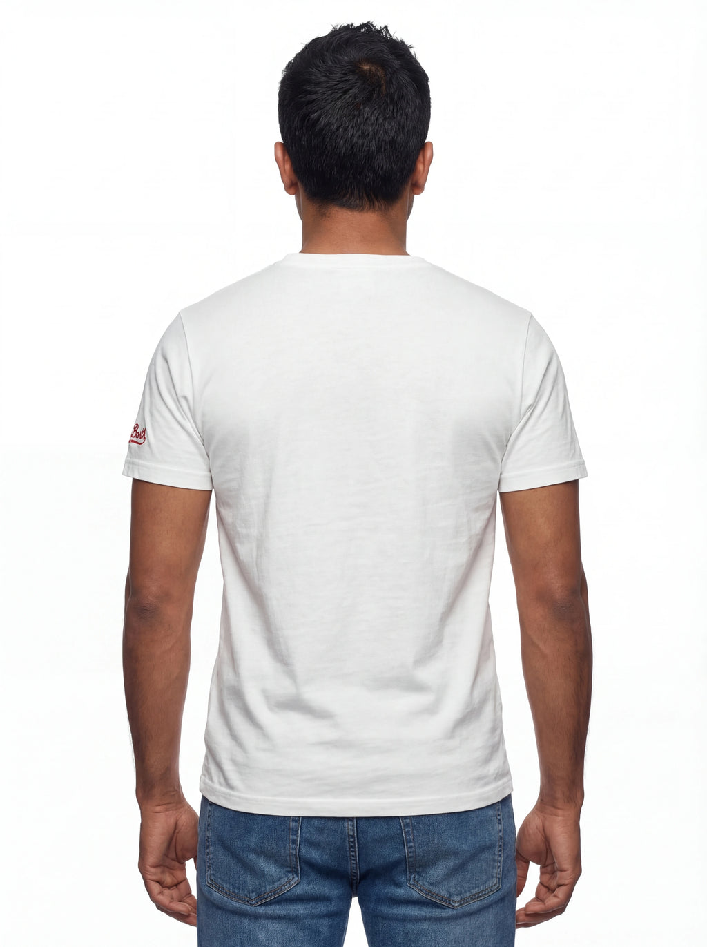 Modello a 45 gradi t-shirt bianco scritta “Coke is too expensive” Saint Barth cotone