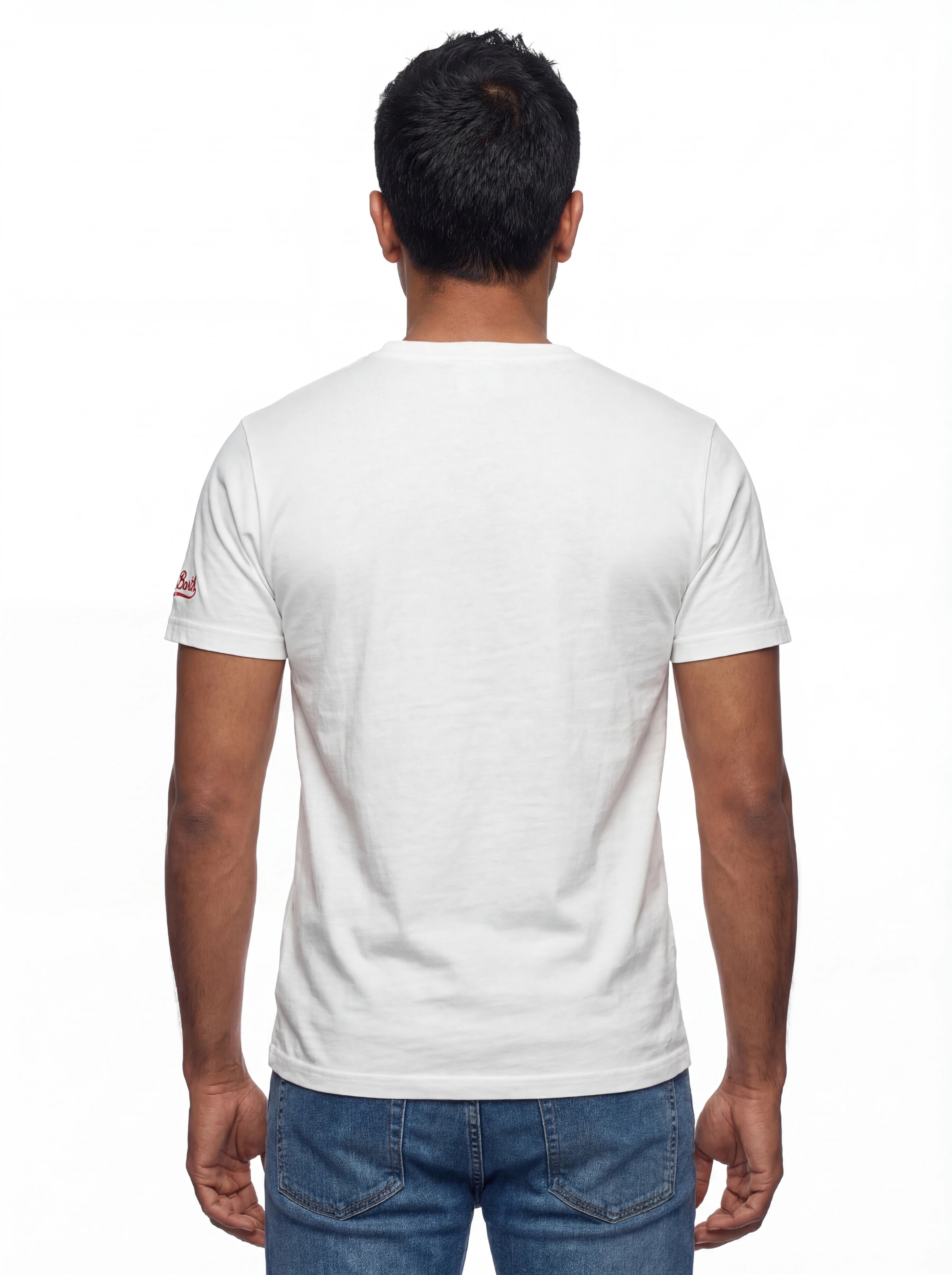 Modello a 45 gradi t-shirt bianco scritta “Coke is too expensive” Saint Barth cotone