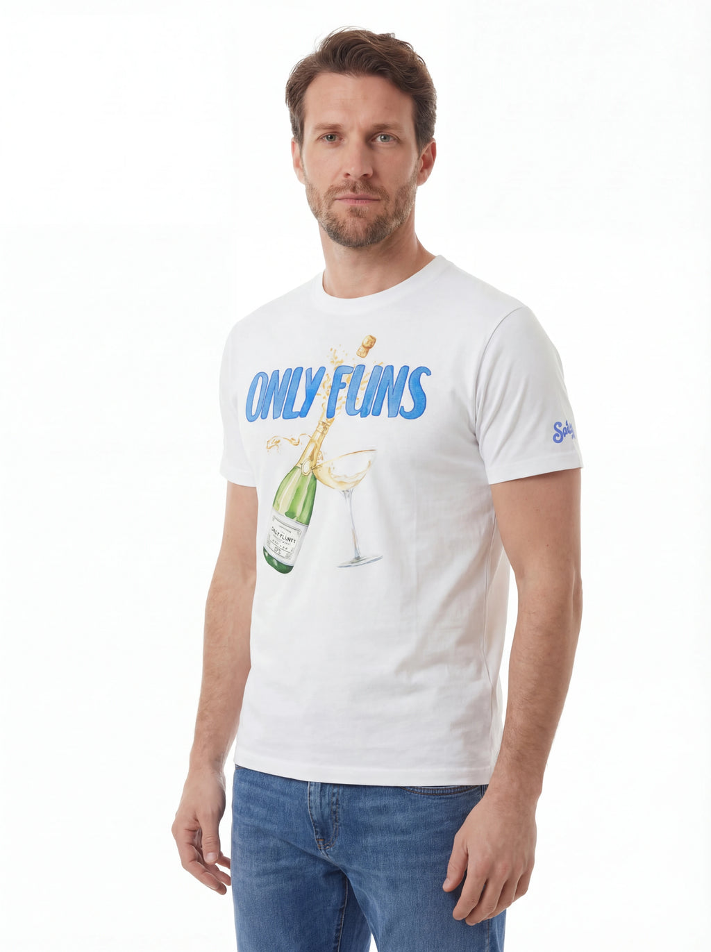 T-shirt su sfondo neutro frontale t-shirt bianco stampa Saint Barth cotone