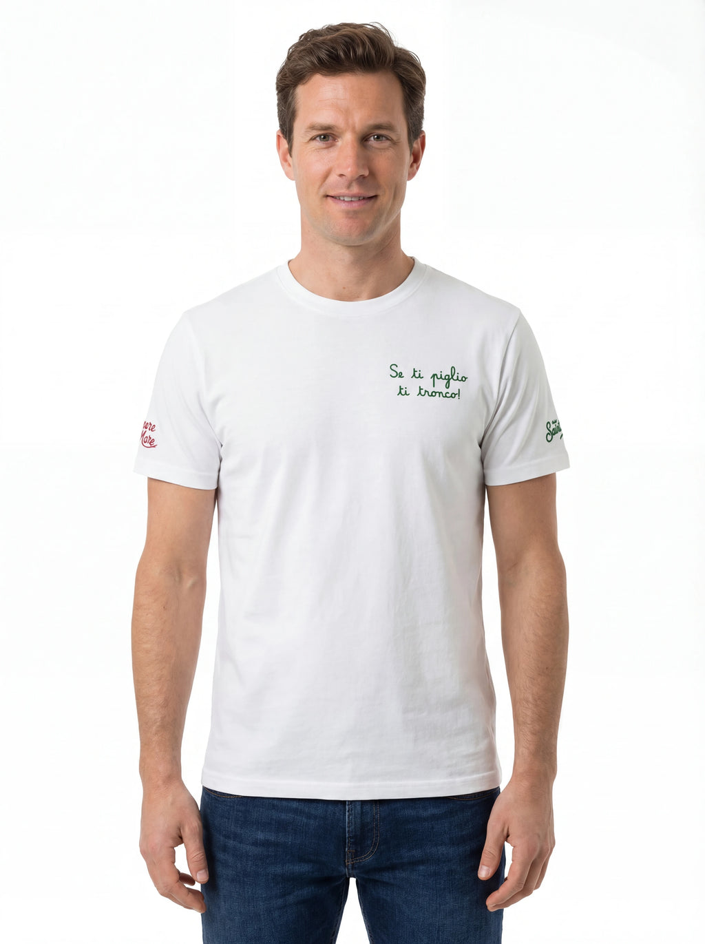 Modello frontalmente t-shirt bianco stampa Saint Barth cotone
