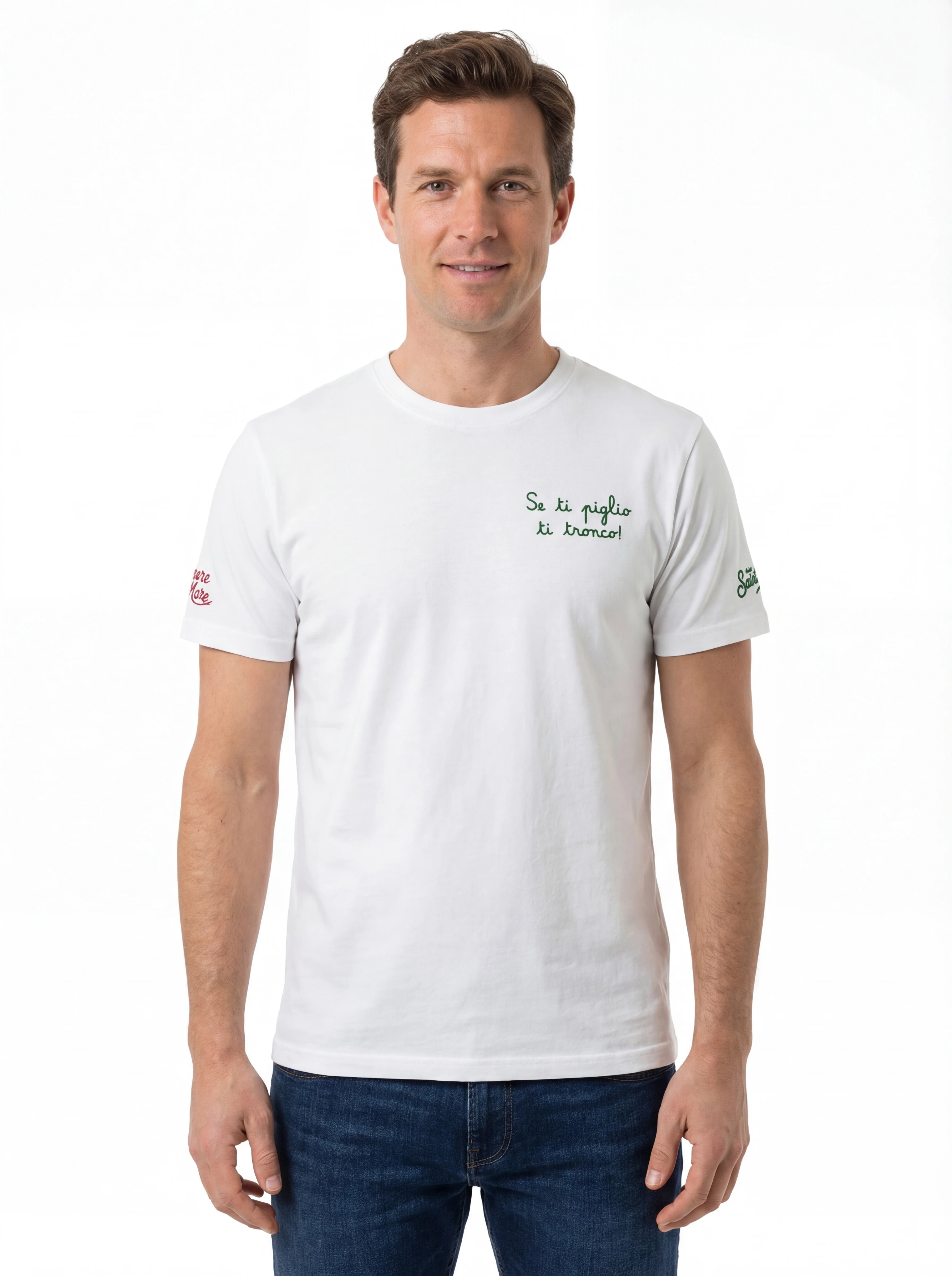 Modello frontalmente t-shirt bianco stampa Saint Barth cotone