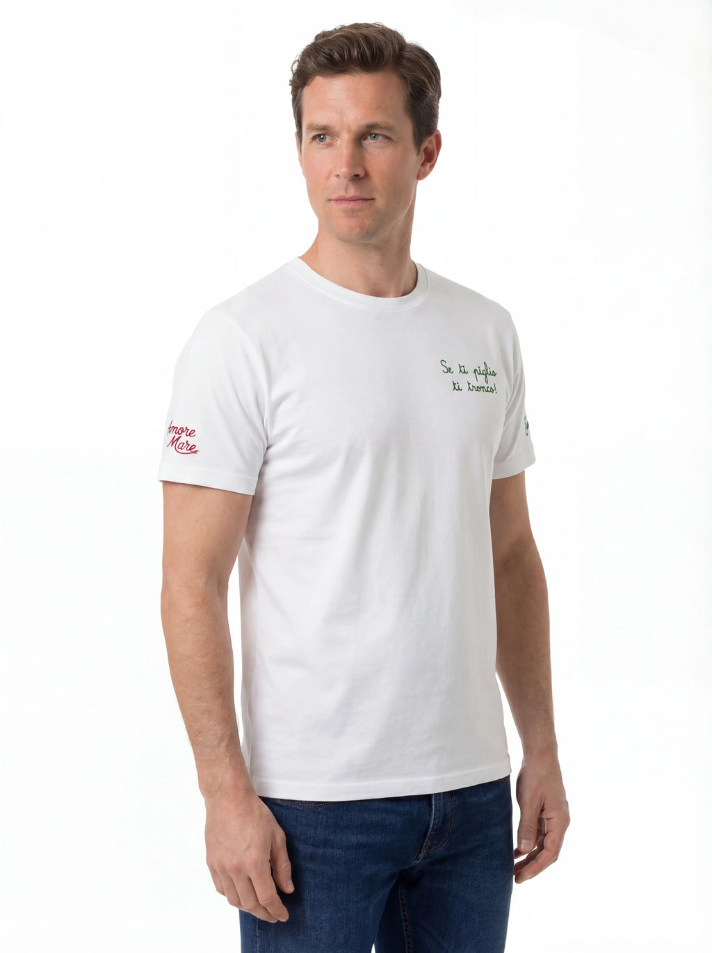 Modello a 45 gradi t-shirt bianco stampa Saint Barth cotone Portofino