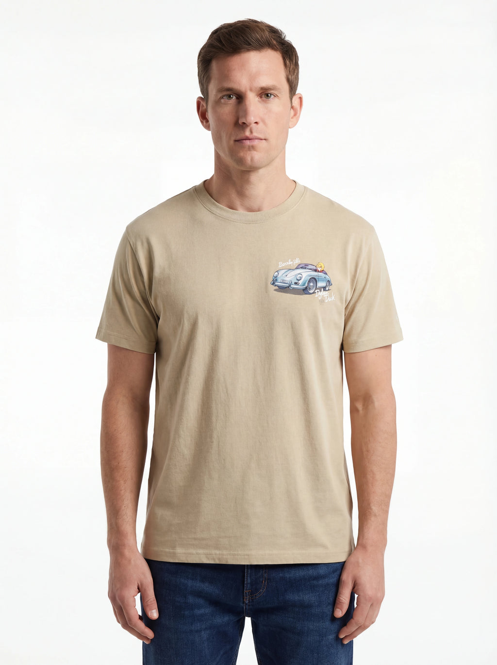 Modello frontalmente t-shirt beige stampa Saint Barth cotone