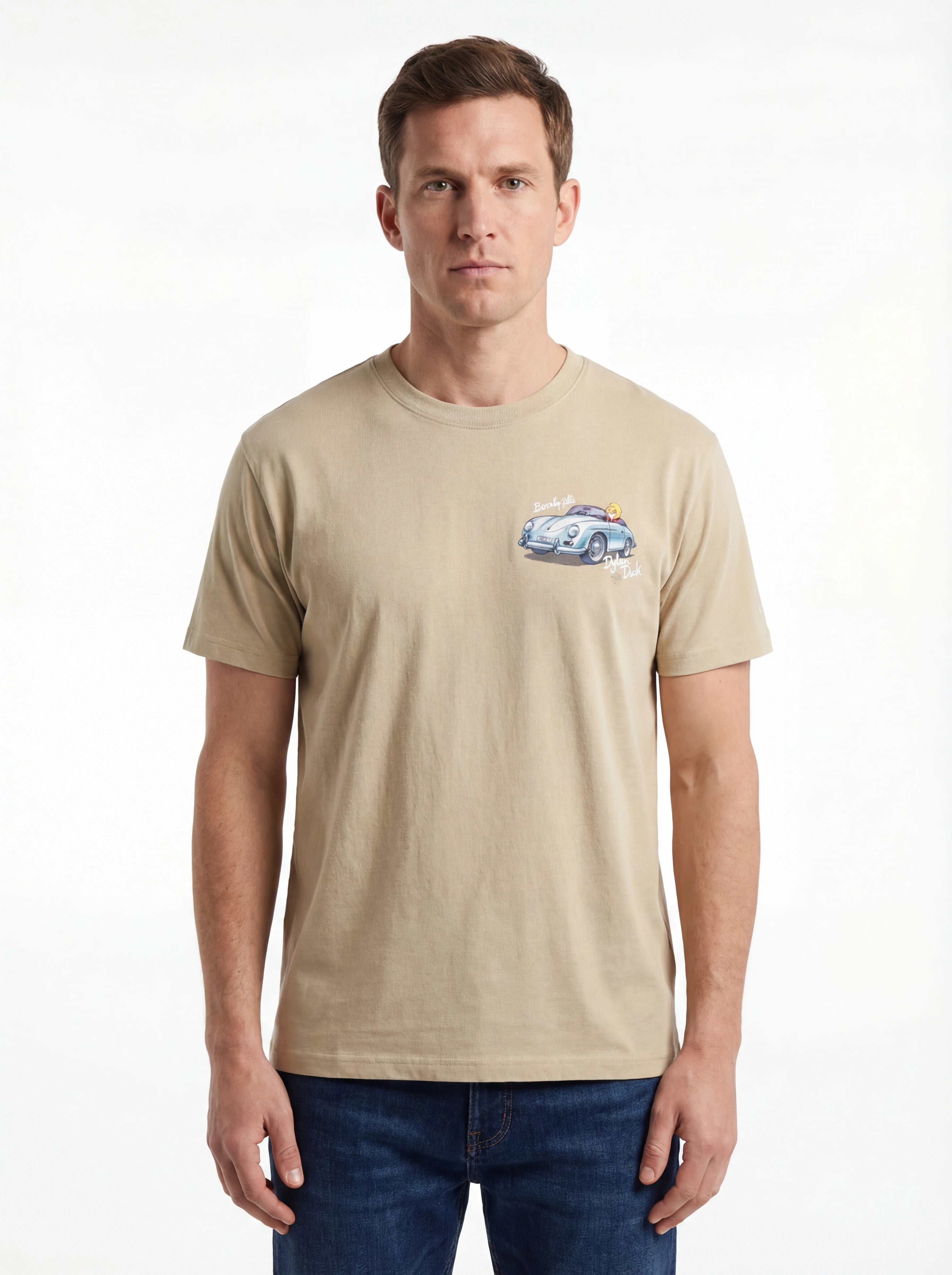 Modello frontalmente t-shirt beige stampa Saint Barth cotone