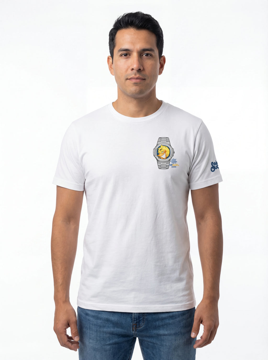 Modello frontalmente t-shirt bianco stampa Saint Barth cotone