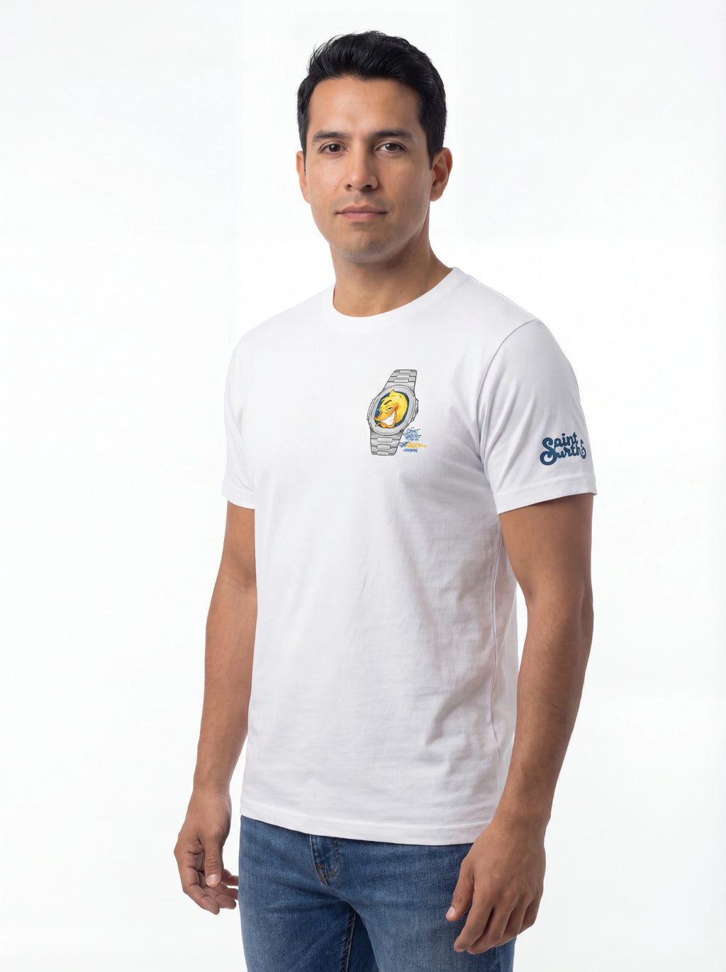 Vista da dietro t-shirt bianco stampa Saint Barth cotone CPT