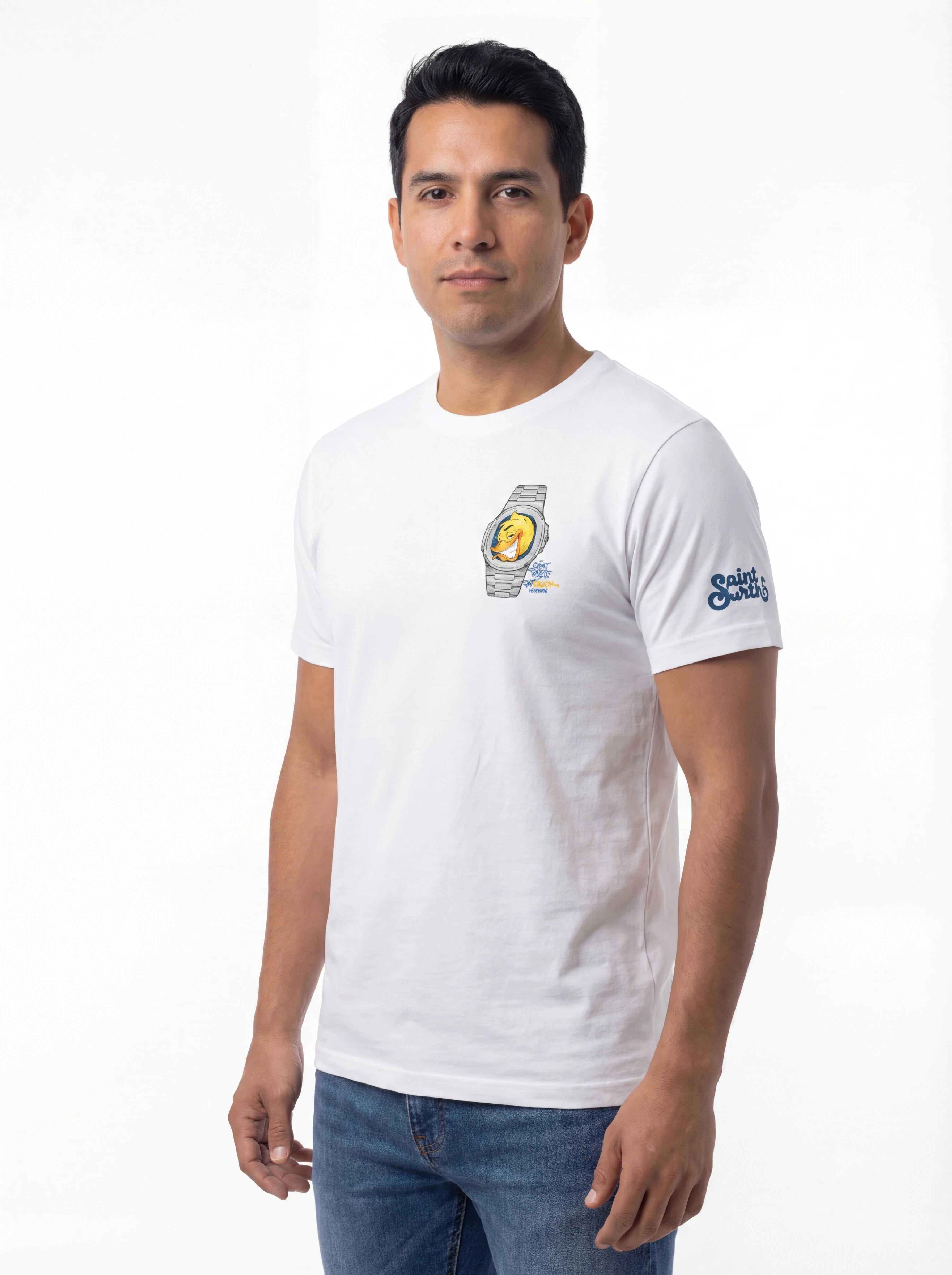 Vista da dietro t-shirt bianco stampa Saint Barth cotone CPT