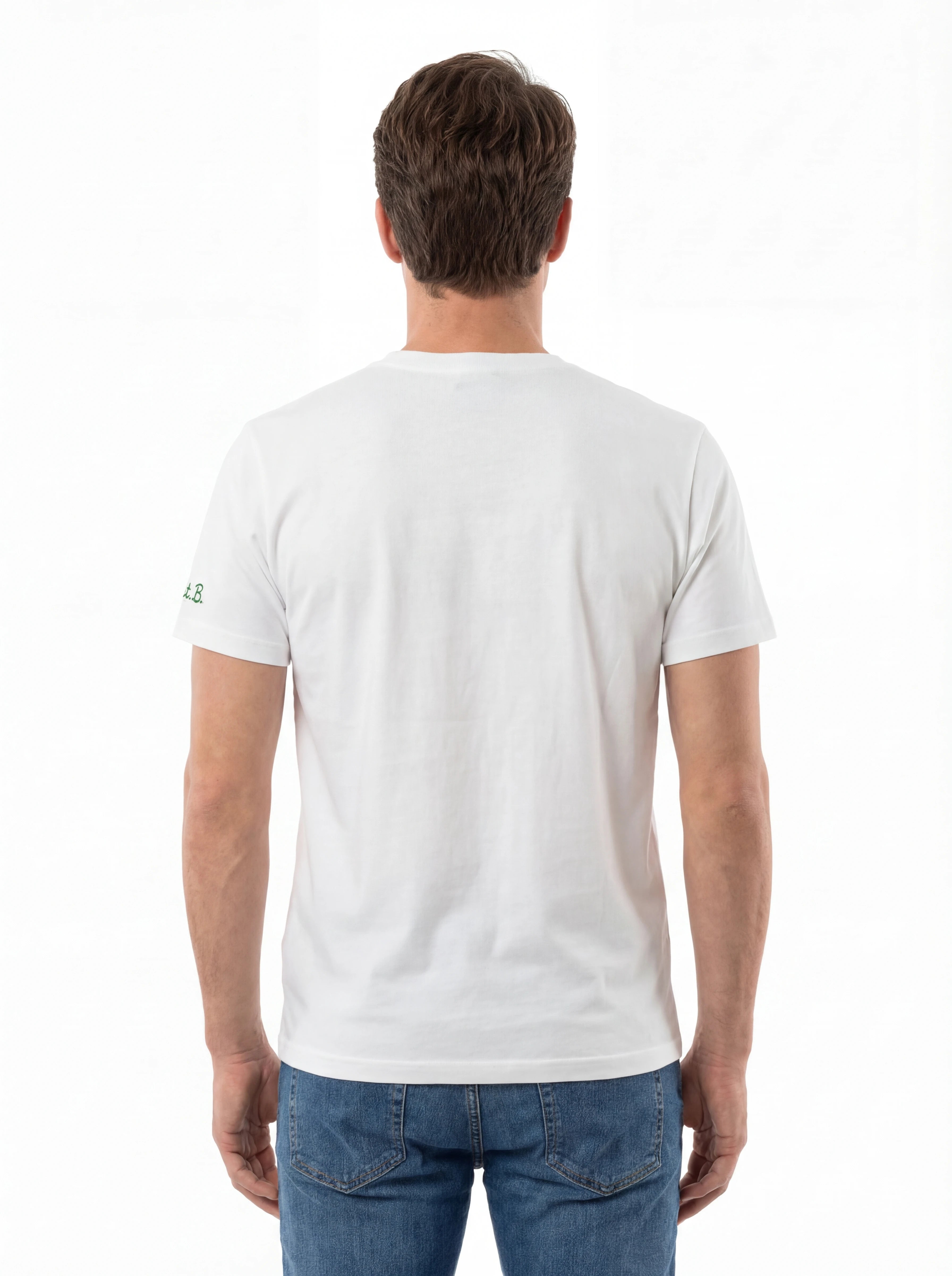 T-shirt su sfondo neutro frontale t-shirt bianco scritta “Forte Habituè” Saint Barth cotone