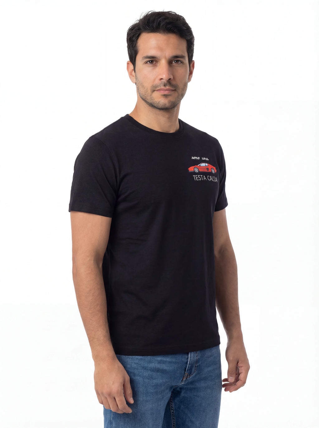 Vista da dietro t-shirt nero scritta “Auto Ferrari” Saint Barth cotone