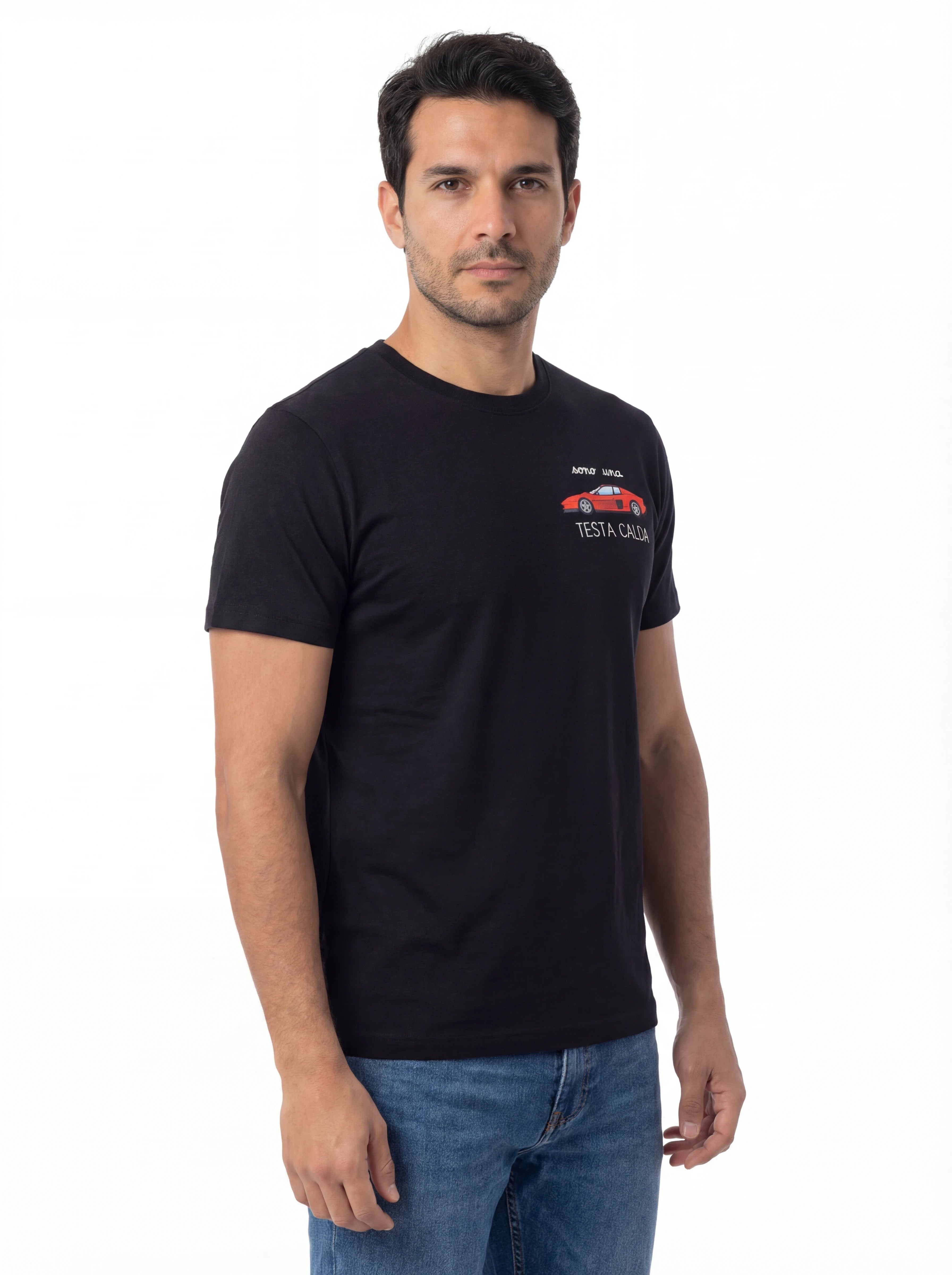 Vista da dietro t-shirt nero scritta “Auto Ferrari” Saint Barth cotone