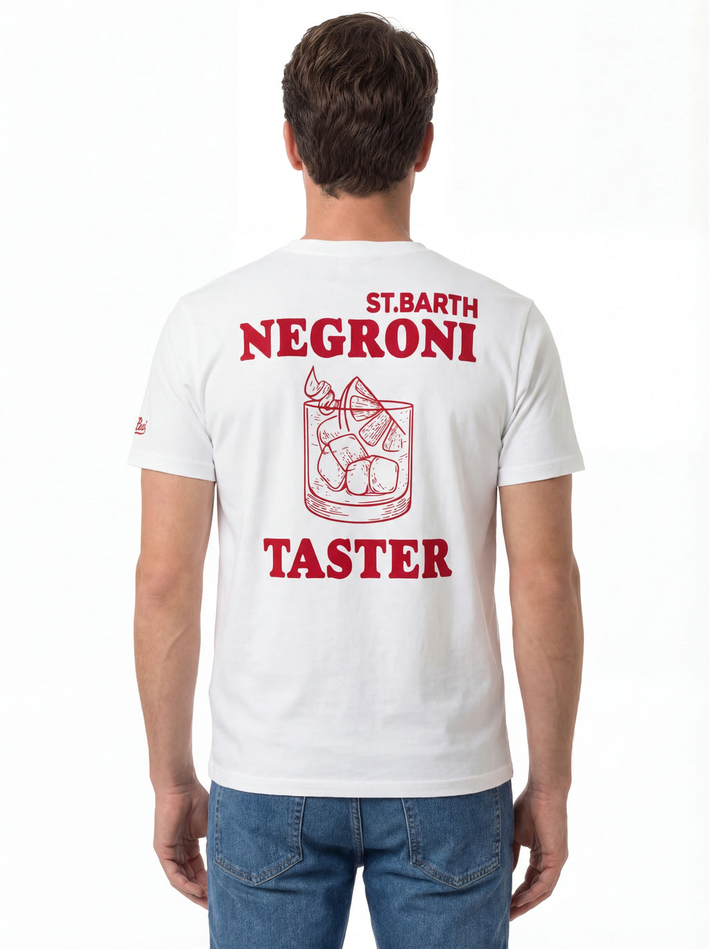 Vista da dietro t-shirt bianco scritta “St.Barth NEGRONI” Saint Barth cotone