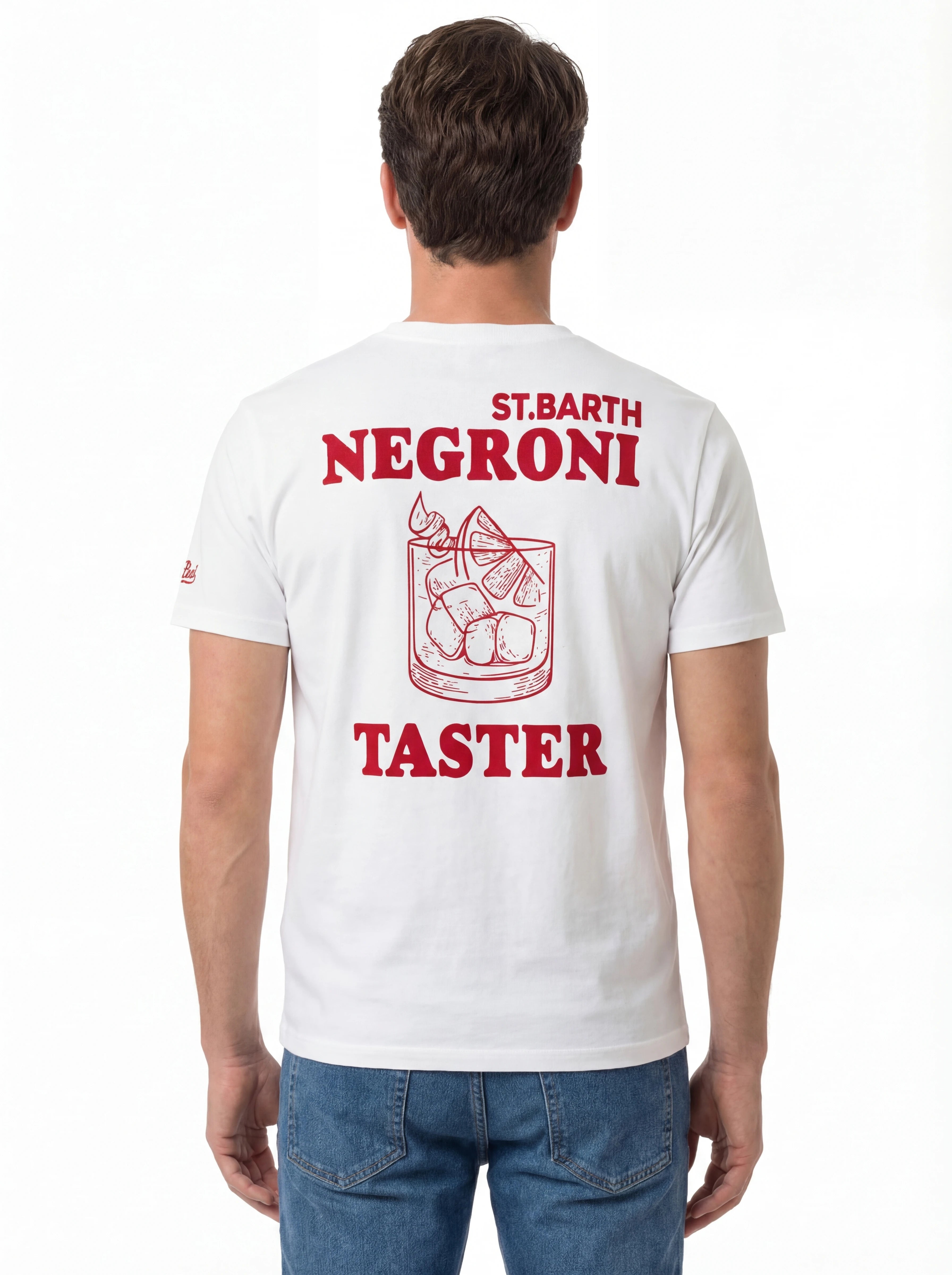 Vista da dietro t-shirt bianco scritta “St.Barth NEGRONI” Saint Barth cotone