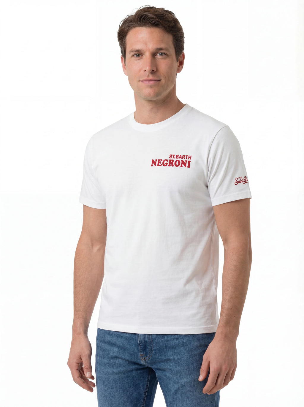 Close-up dettagli t-shirt bianco scritta “St.Barth NEGRONI” Saint Barth cotone