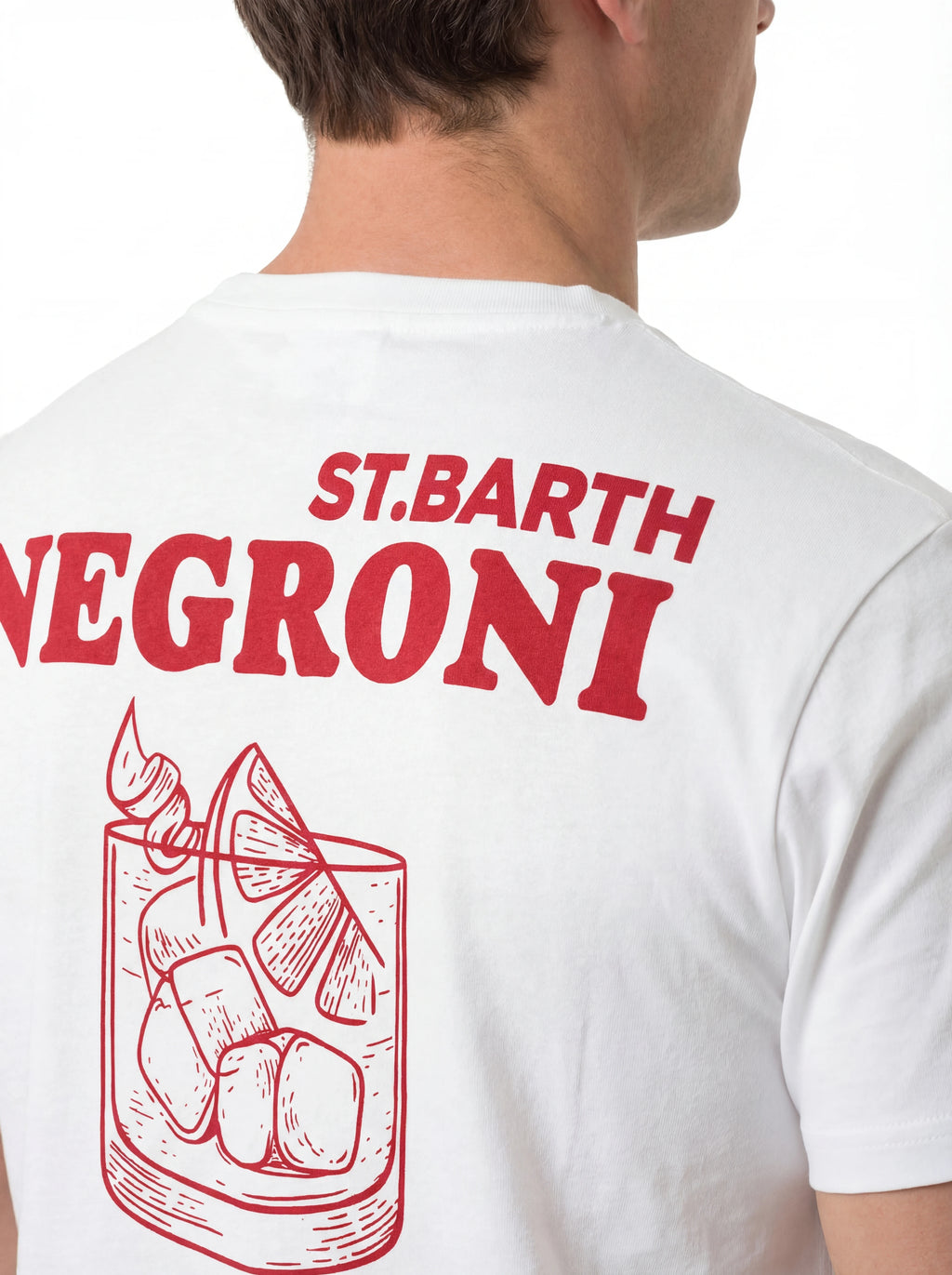 Dettaglio t-shirt bianco scritta “St.Barth NEGRONI” Saint Barth cotone