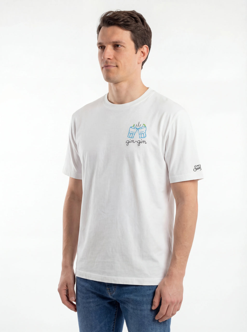 Vista da dietro t-shirt bianco scritta “Gin gin” Saint Barth cotone