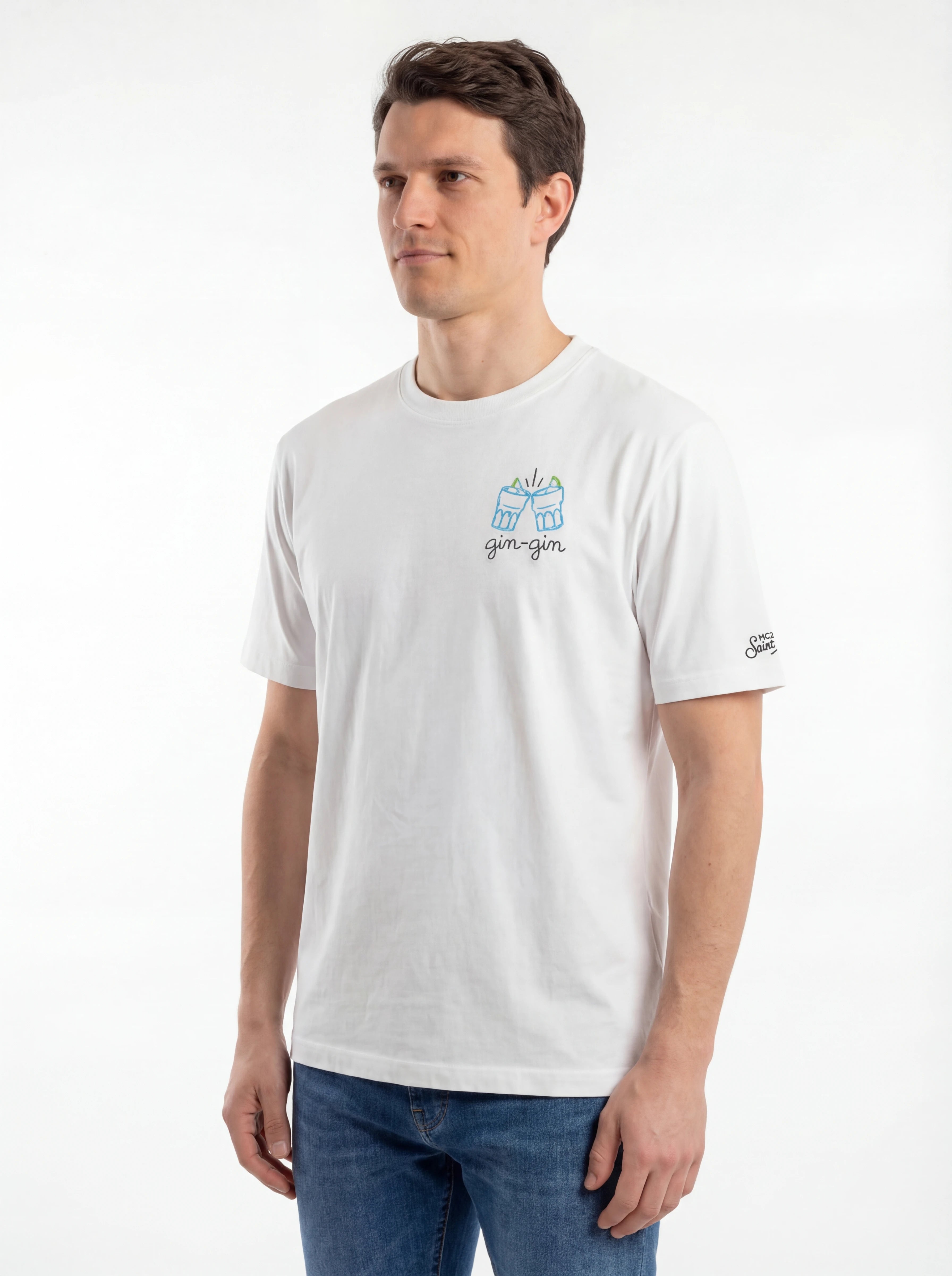 Vista da dietro t-shirt bianco scritta “Gin gin” Saint Barth cotone