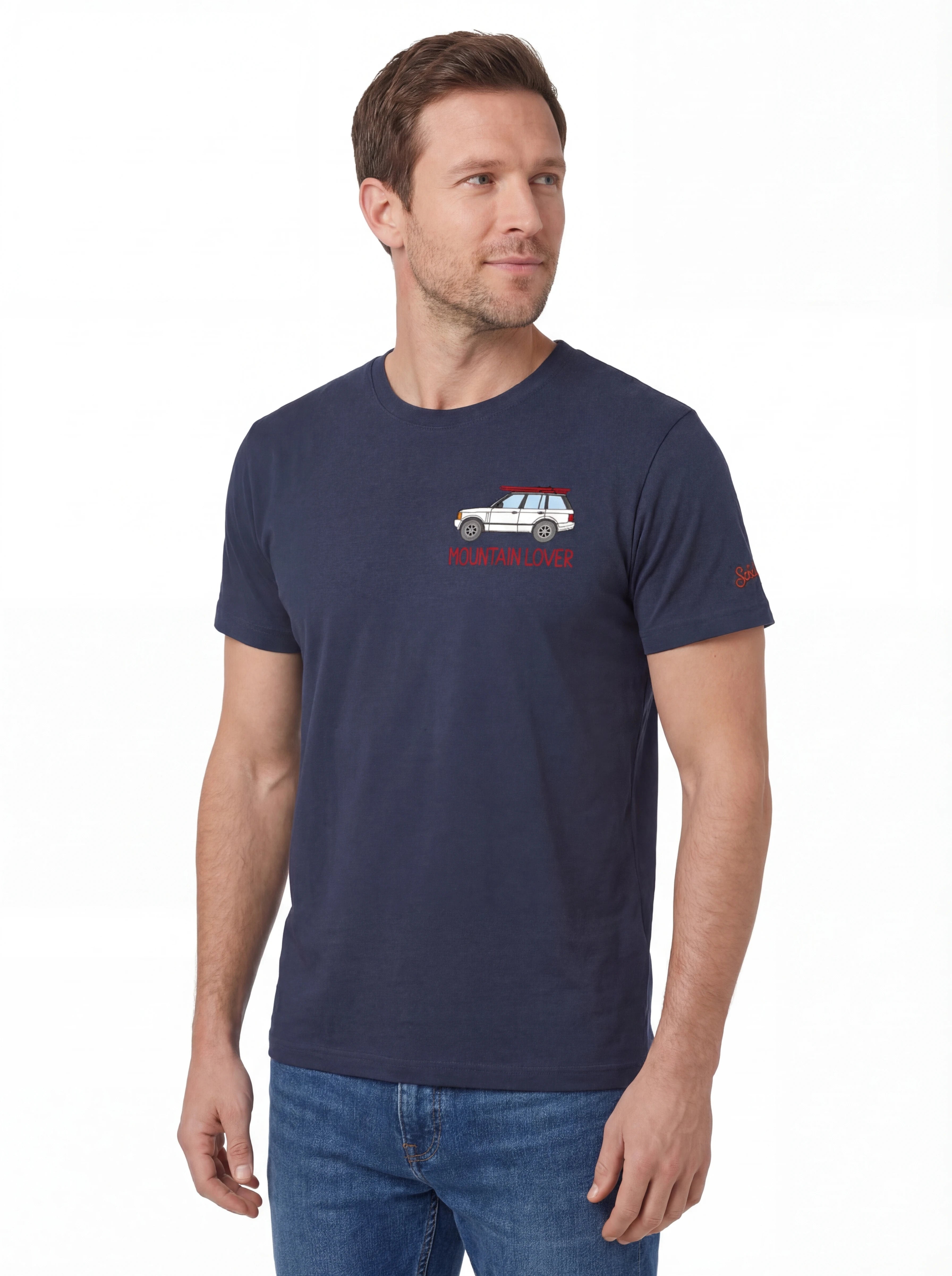 Vista da dietro t-shirt blu scritta “Mountain Lover” Saint Barth cotone