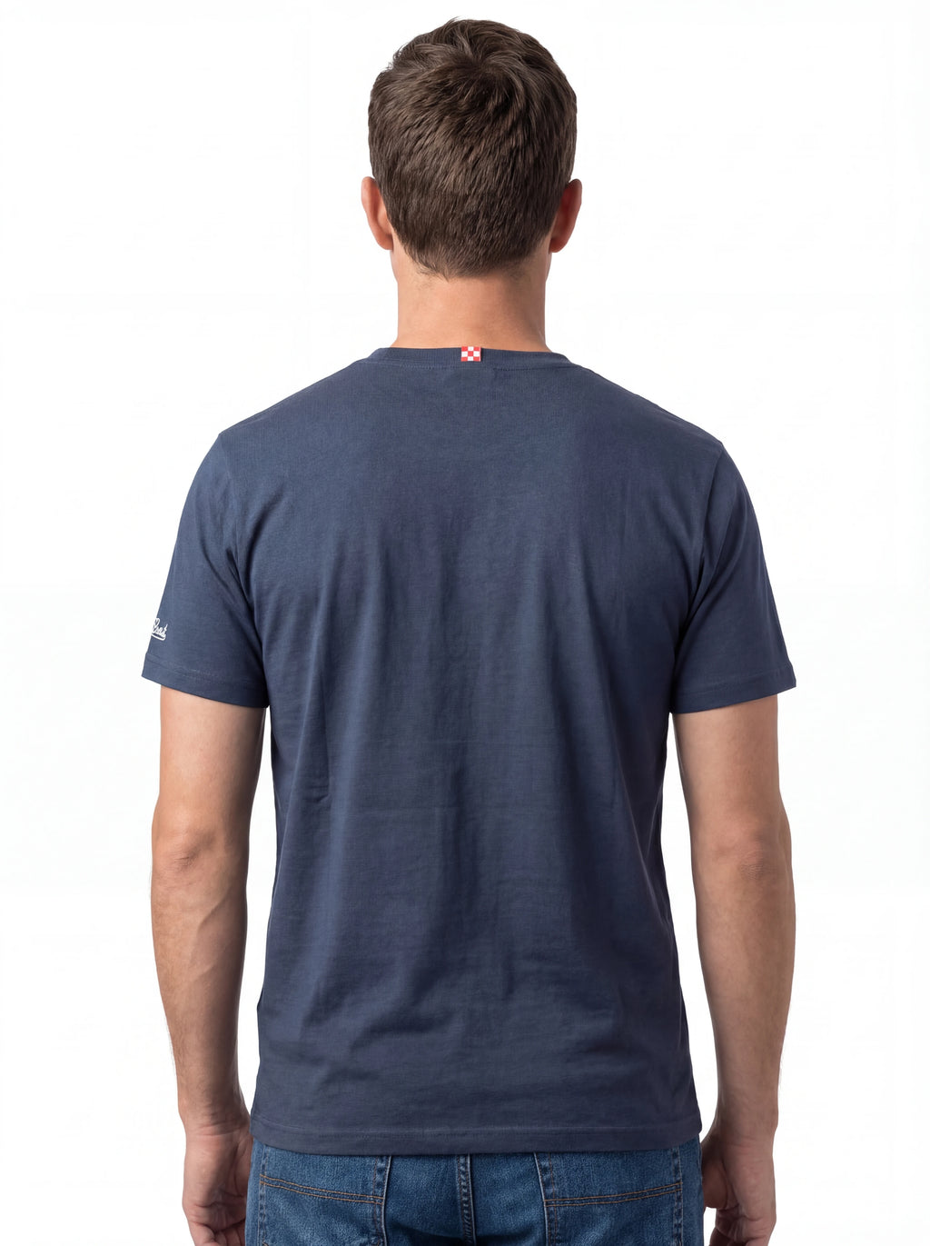 Vista da dietro t-shirt blu scritta “Oyster & Rosè” Saint Barth