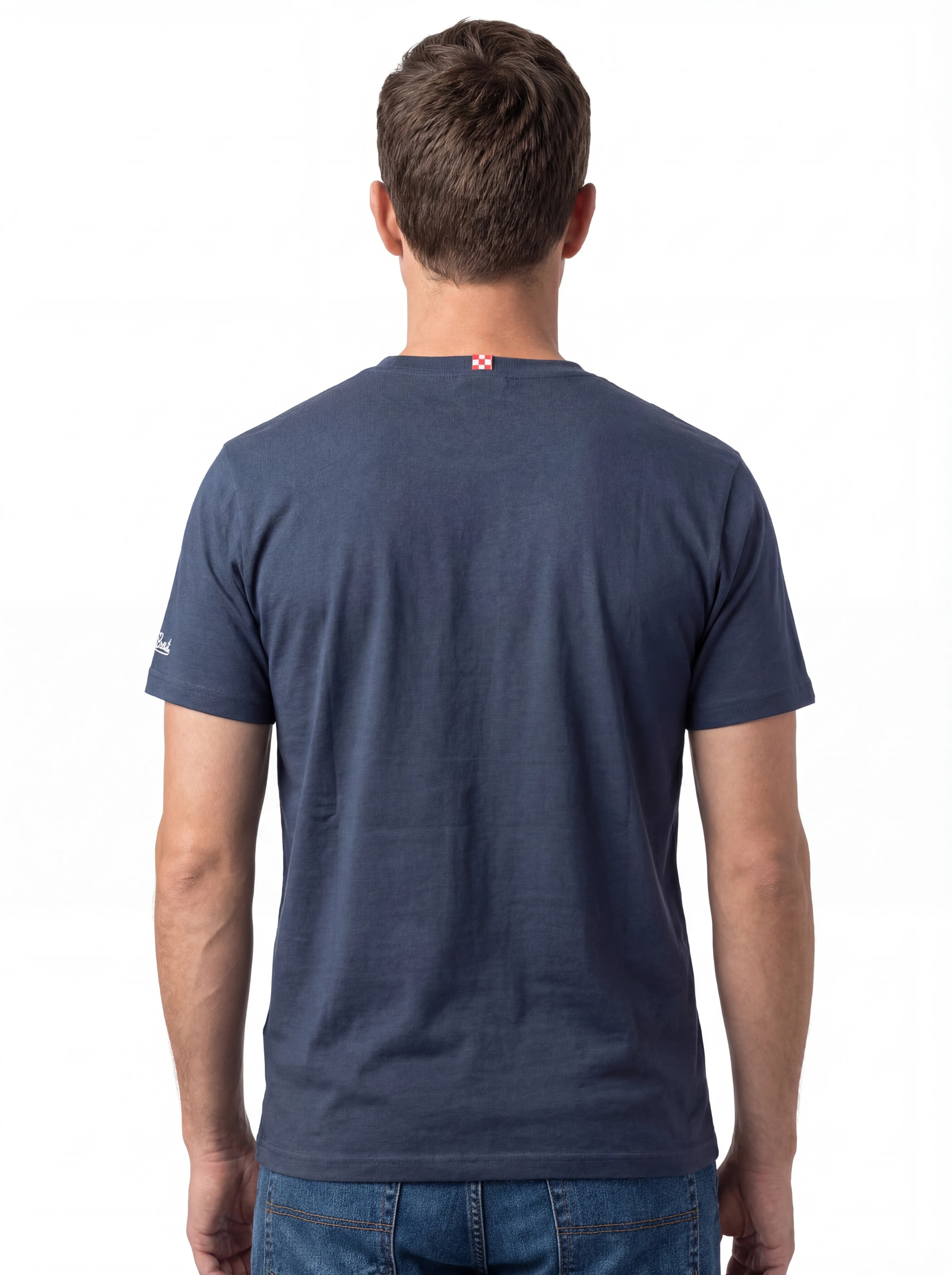 Vista da dietro t-shirt blu scritta “Oyster & Rosè” Saint Barth