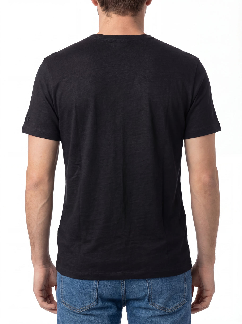 Modello a 45 gradi t-shirt nero texture lino Saint Barth lino