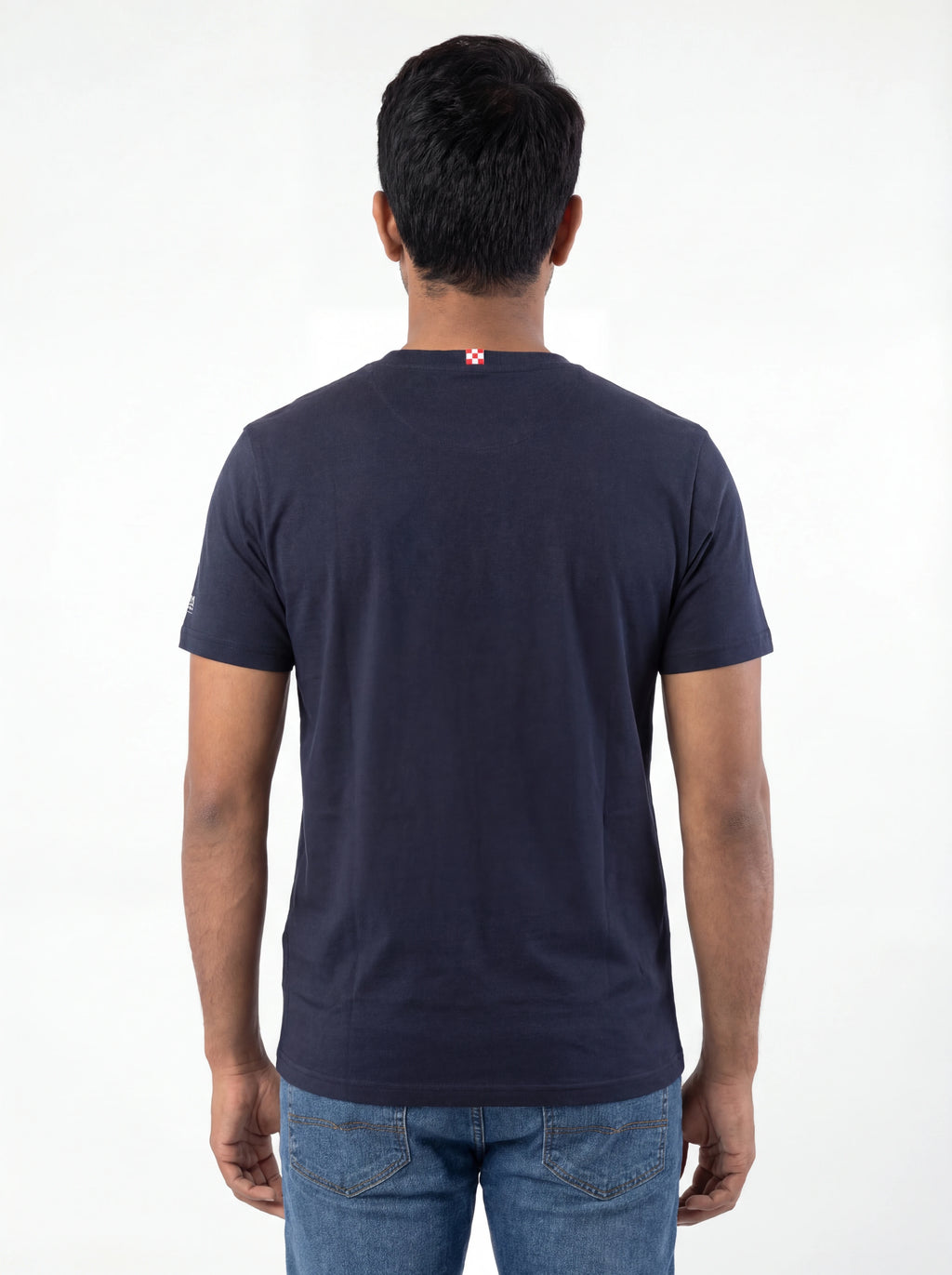 Modello a 45 gradi t-shirt blu scritta “FUCK YOU I’M GOING TO” Saint Barth cotone